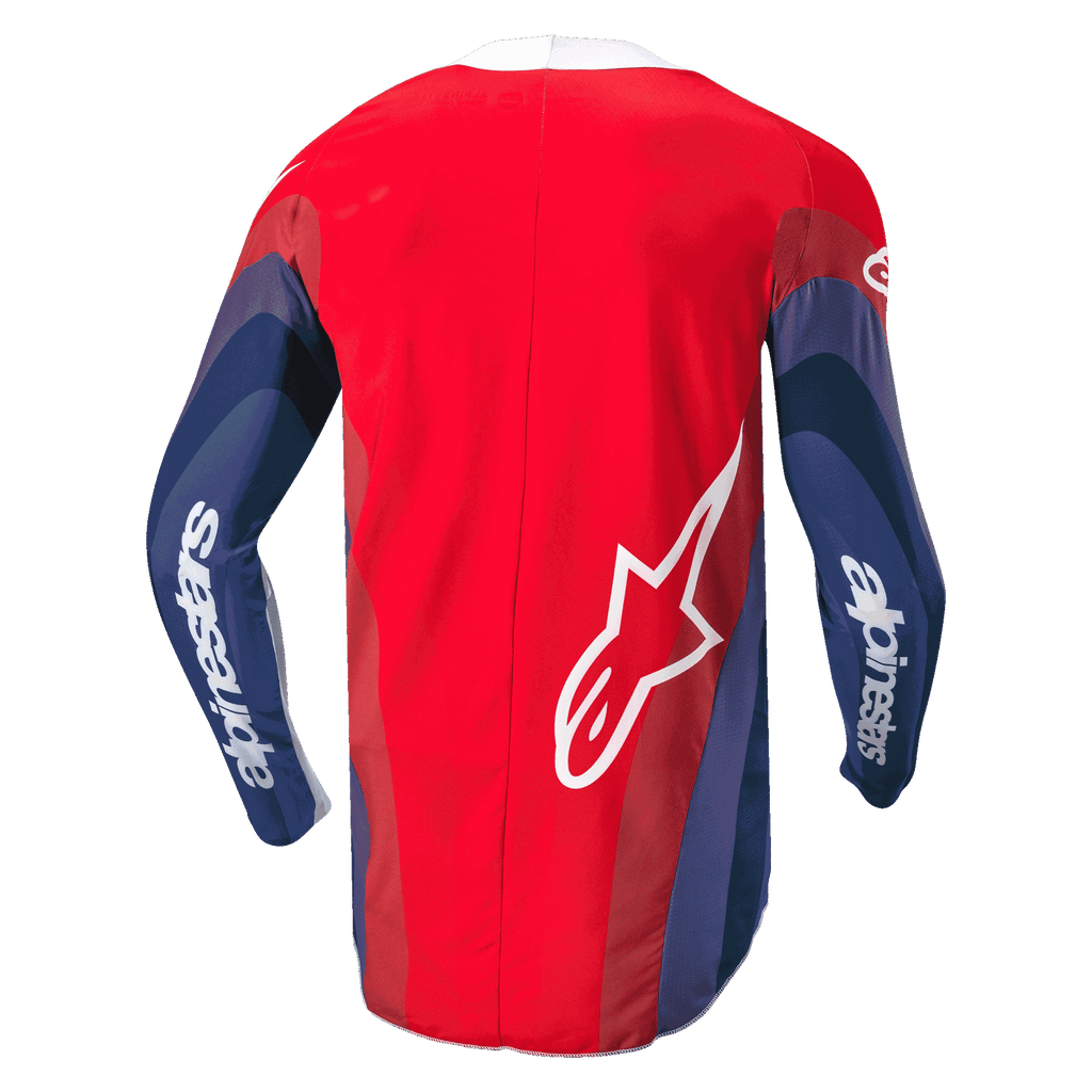 Alpinestars 2024 Techstar Pneuma-tröja, motocrosströja, röd, blå och vit, vy bakifrån som visar vågiga mönster på ärmarna, vit Alpinestars-text på ärmarna och Astar-logotyp på nedre ryggen, ergonomisk design för terrängkörning