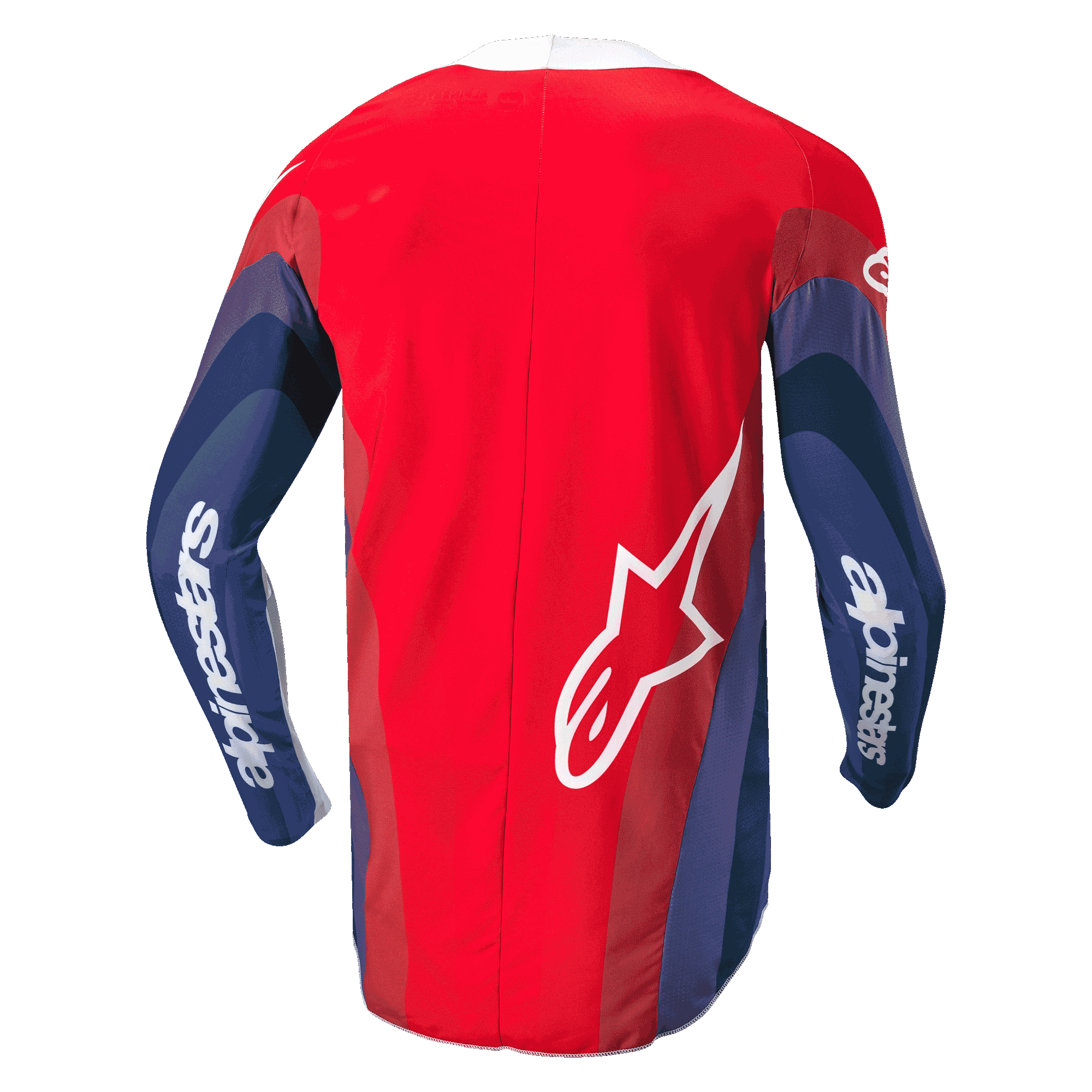 Alpinestars 2024 Techstar Pneuma-tröja, motocrosströja, röd, blå och vit, vy bakifrån som visar vågiga mönster på ärmarna, vit Alpinestars-text på ärmarna och Astar-logotyp på nedre ryggen, ergonomisk design för terrängkörning