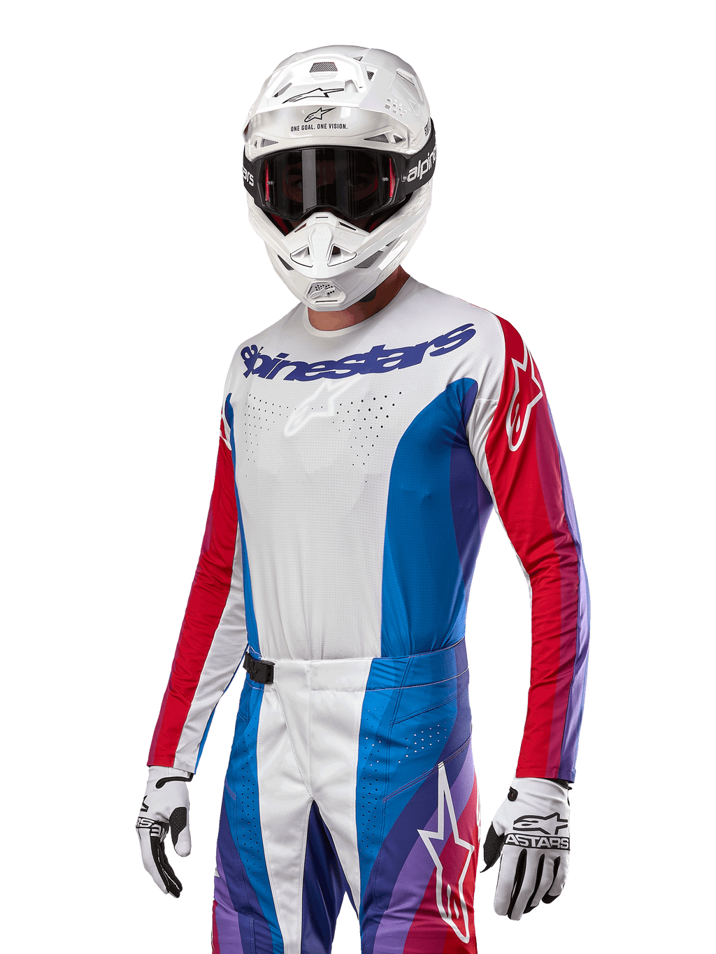 Alpinestars 2024 Techstar Pneuma tröja, motocrosströja, Blue Mars röd och vit med lila detaljer, atletisk tävlingspassform, långärmad funktionsutrustning bärs med vit hjälm och handskar
