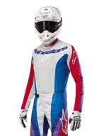 Alpinestars 2024 Techstar Pneuma tröja, motocrosströja, Blue Mars röd och vit med lila detaljer, atletisk tävlingspassform, långärmad funktionsutrustning bärs med vit hjälm och handskar