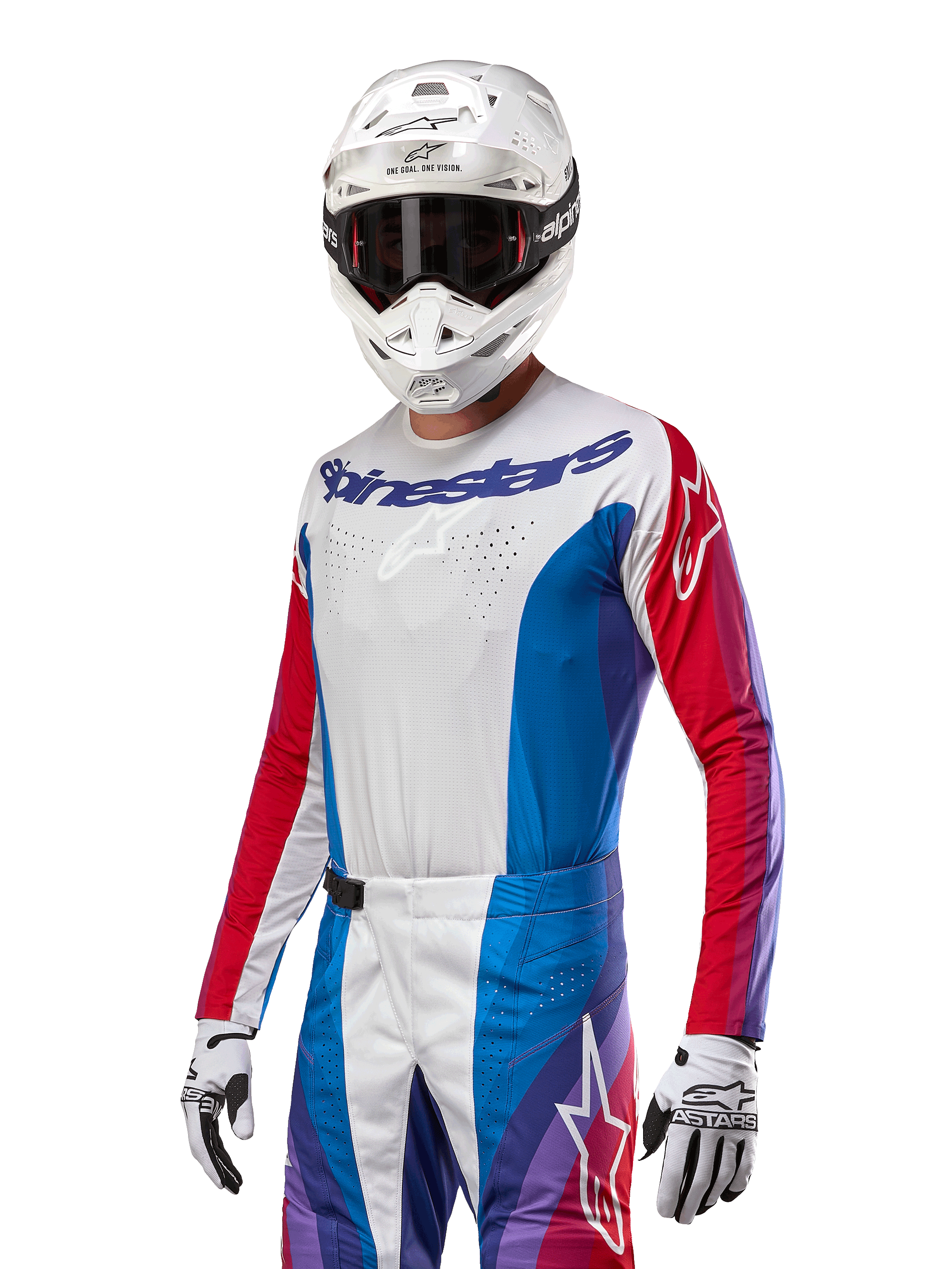 Alpinestars 2024 Techstar Pneuma tröja, motocrosströja, Blue Mars röd och vit med lila detaljer, atletisk tävlingspassform, långärmad funktionsutrustning bärs med vit hjälm och handskar