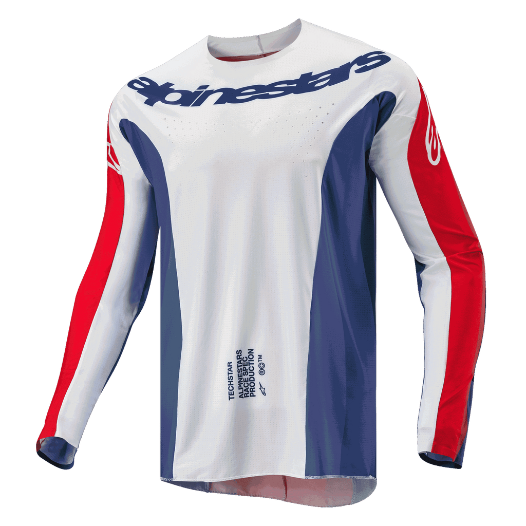 Alpinestars 2024 Techstar Pneuma tröja, motocrosströja, Blue Mars röd och vit, vit huvuddel med blå sidopaneler och röda ärmdetaljer, Alpinestars-logotyp över bröstet, lätt atletisk tävlingspassform för terrängkörning