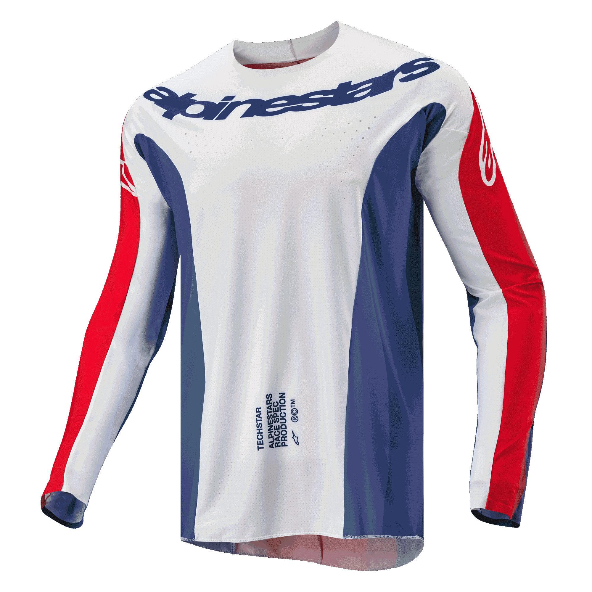 Alpinestars 2024 Techstar Pneuma tröja, motocrosströja, Blue Mars röd och vit, vit huvuddel med blå sidopaneler och röda ärmdetaljer, Alpinestars-logotyp över bröstet, lätt atletisk tävlingspassform för terrängkörning