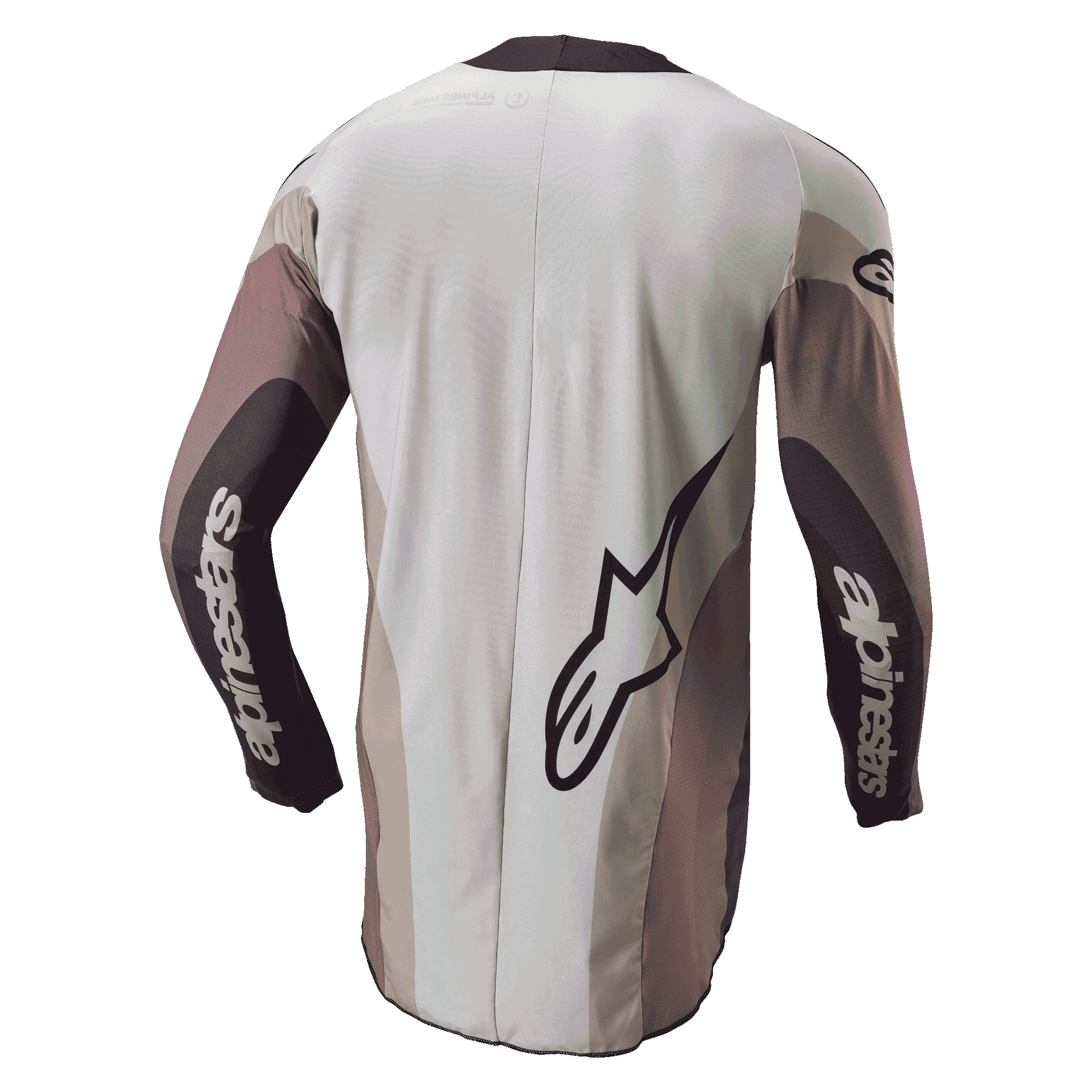 Alpinestars 2024 Techstar Pneuma Jersey, Motocross Jersey, back view in Dark Sand Iron Dust Gray, featuring a large Alpinestars logo and sleeve branding, athletic fit with color-blocked panels and an extended rear for coverage.