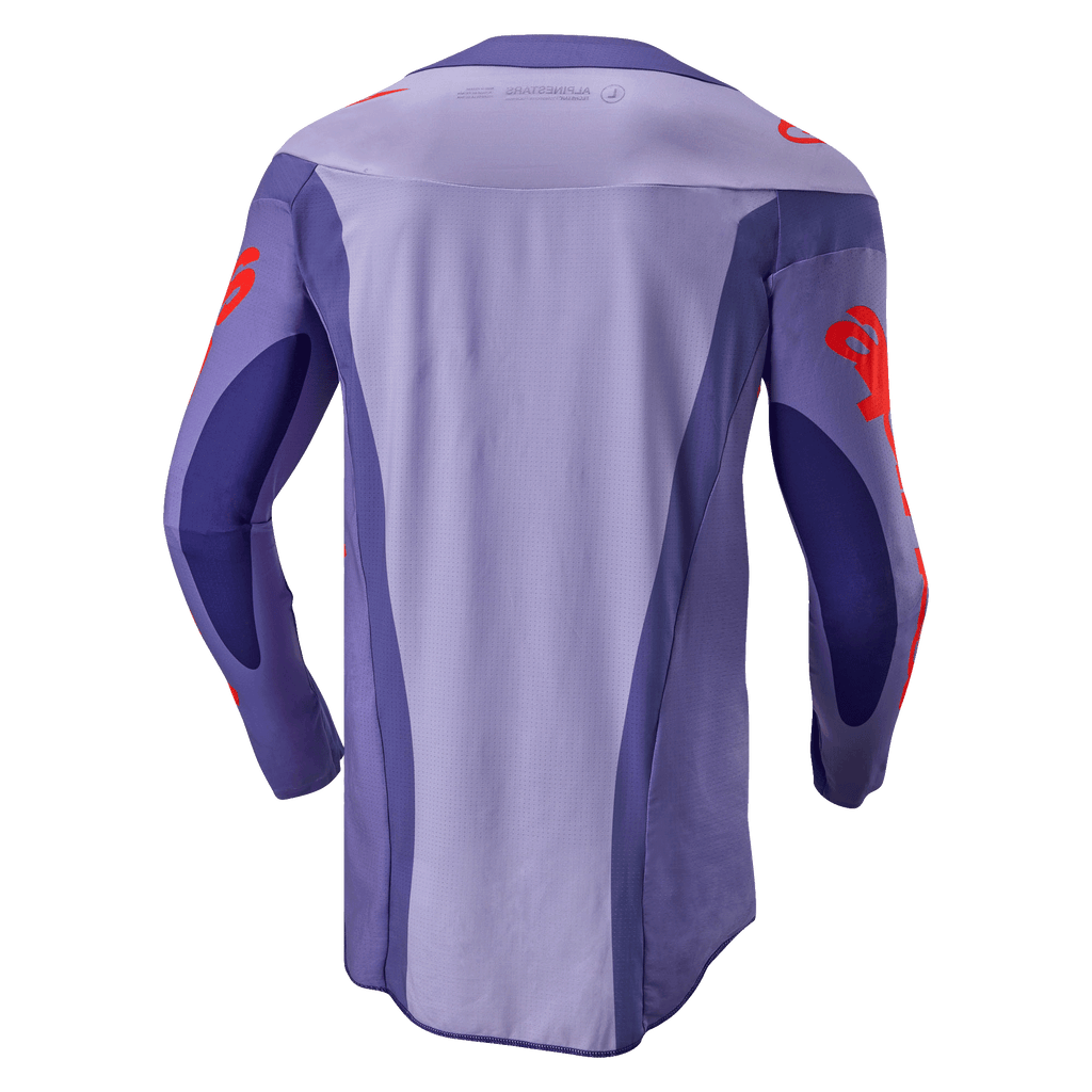 Alpinestars 2024 Techstar Ocuri Jersey, motocrosströja, lila och Hot Orange, vy bakifrån med lila multipaneldesign och orange logotypgrafik på ärmar och axlar, förlängd bakdel för prestanda vid terrängkörning.
