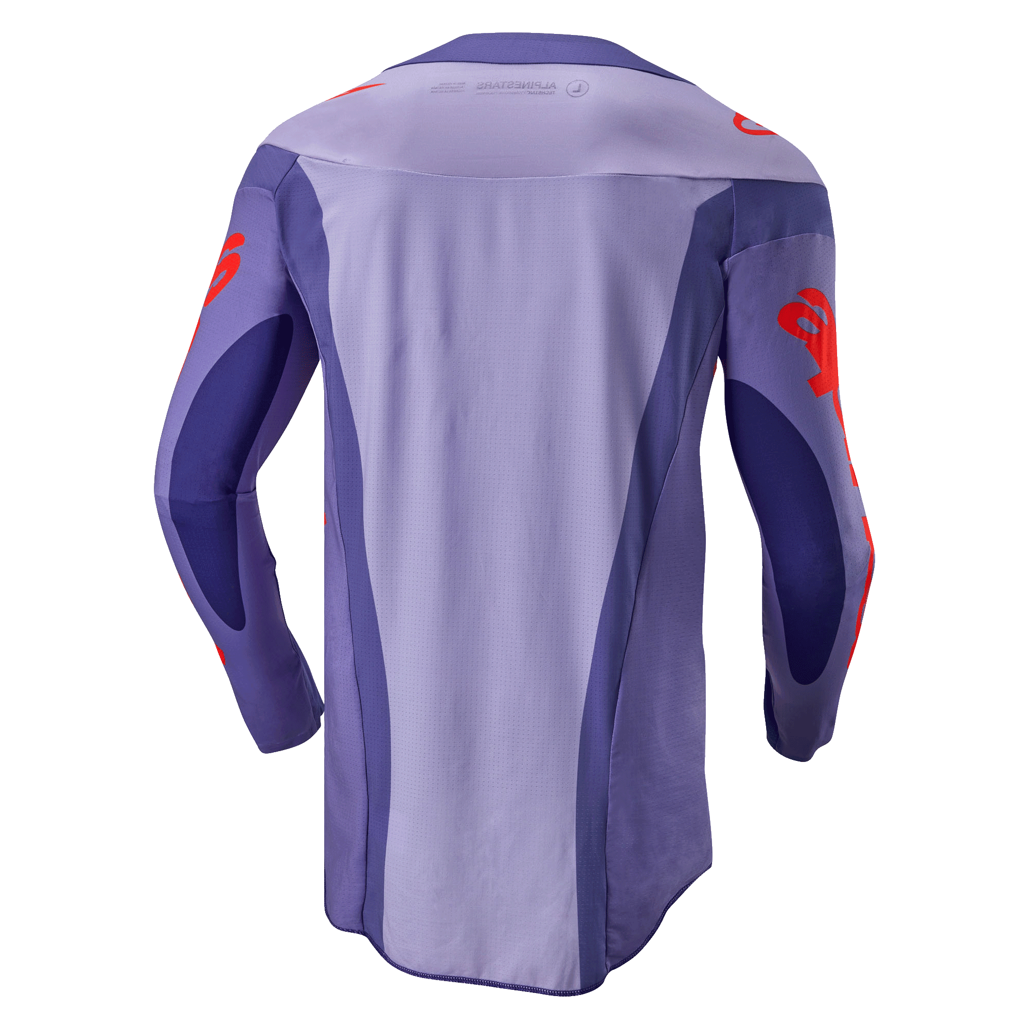Alpinestars 2024 Techstar Ocuri Jersey, motocrosströja, lila och Hot Orange, vy bakifrån med lila multipaneldesign och orange logotypgrafik på ärmar och axlar, förlängd bakdel för prestanda vid terrängkörning.