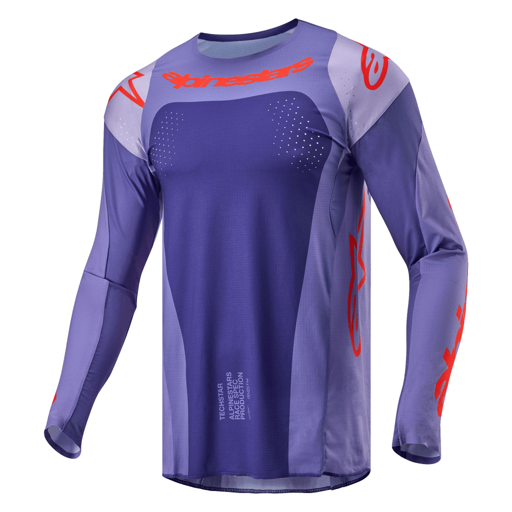 Alpinestars 2024 Techstar Ocuri-tröja, motocrosströja, lila och starkt orange, långärmad atletisk passform med laserutskurna perforeringar, tydliga orange logotyper på bröst och ärmar, fukttransporterande poly-material för terrängkörning