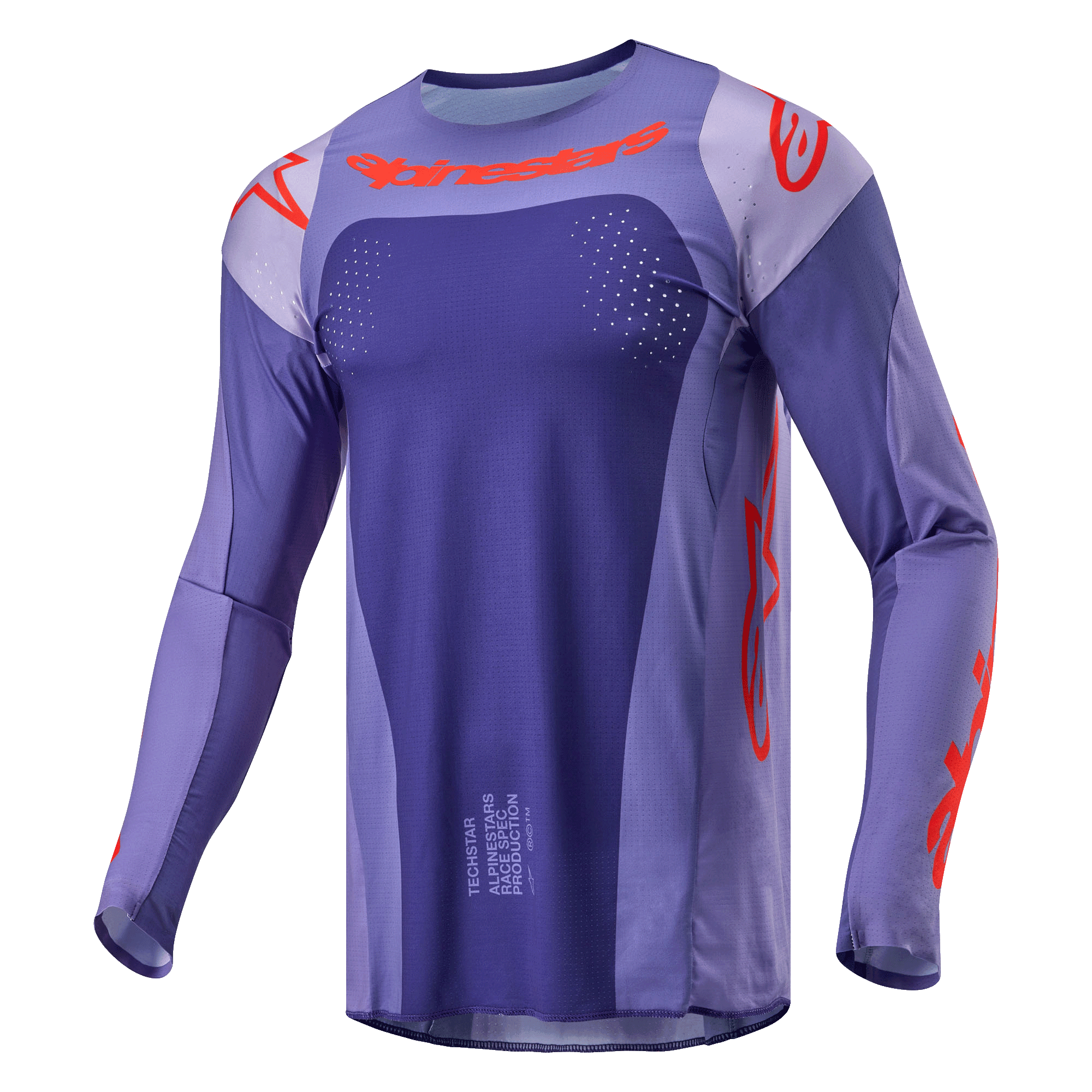 Alpinestars 2024 Techstar Ocuri-tröja, motocrosströja, lila och starkt orange, långärmad atletisk passform med laserutskurna perforeringar, tydliga orange logotyper på bröst och ärmar, fukttransporterande poly-material för terrängkörning