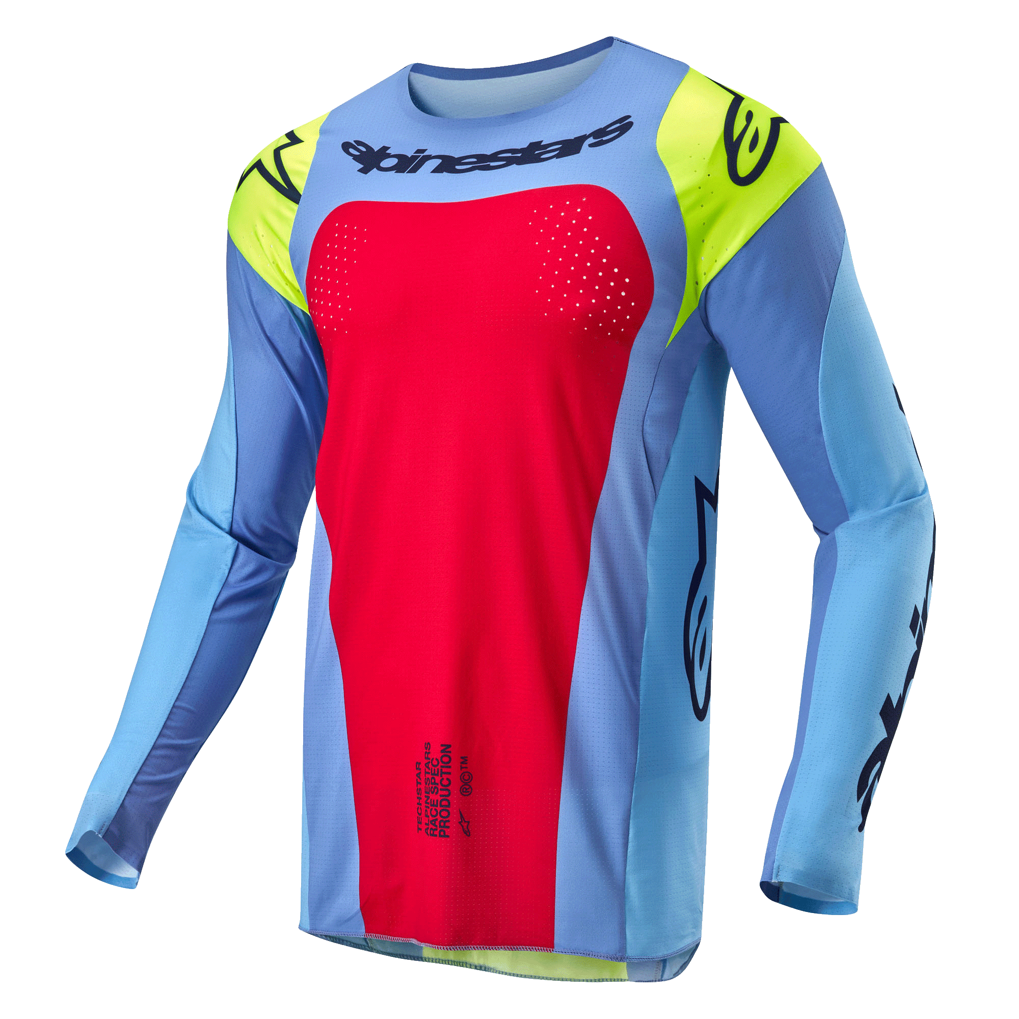 Alpinestars 2024 Techstar Ocuri Jersey, Motocross Jersey, Light Blue with Red Berry and Yellow Fluo accents, featuring black logos and laser-cut perforations for ventilation, athletic race fit for off-road performance