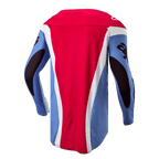 Alpinestars 2024 Techstar Ocuri Jersey, Motocross Jersey, Light Blue, Mars Red, and White, back view showing athletic race fit, extended rear tail, and black sleeve graphics