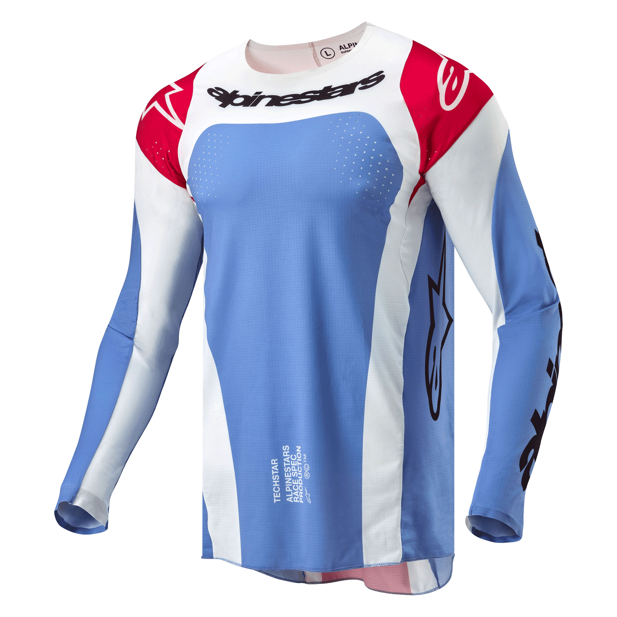 Alpinestars 2024 Techstar Ocuri Jersey, Motocross Jersey, Light Blue, Mars Red, and White, featuring black Alpinestars wordmark on chest, red shoulders with white logos, and laser-cut perforations for ventilation.