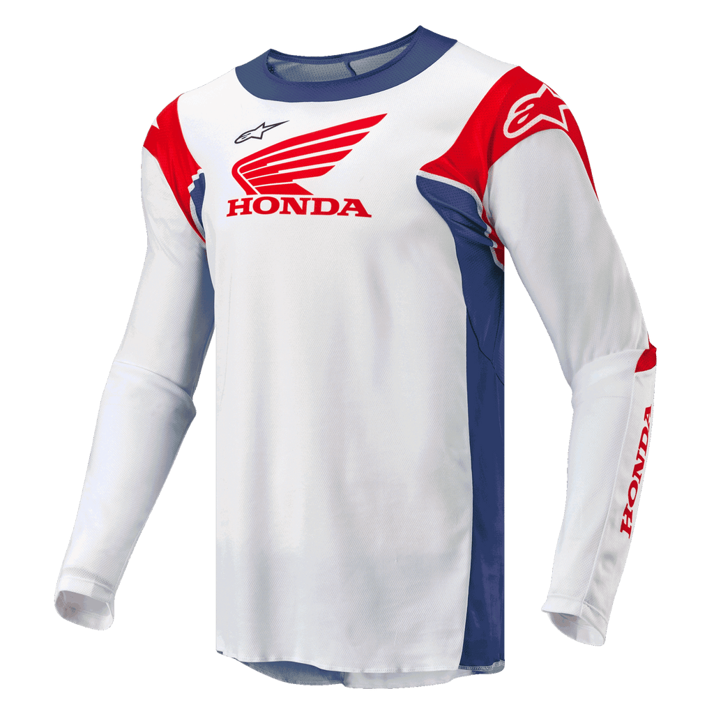 Honda Racer Iconic Tröja, motocross off-road tröja för herrar, vit med blå och röda detaljer, officiell Honda-branding och fukttransporterande syntetmaterial