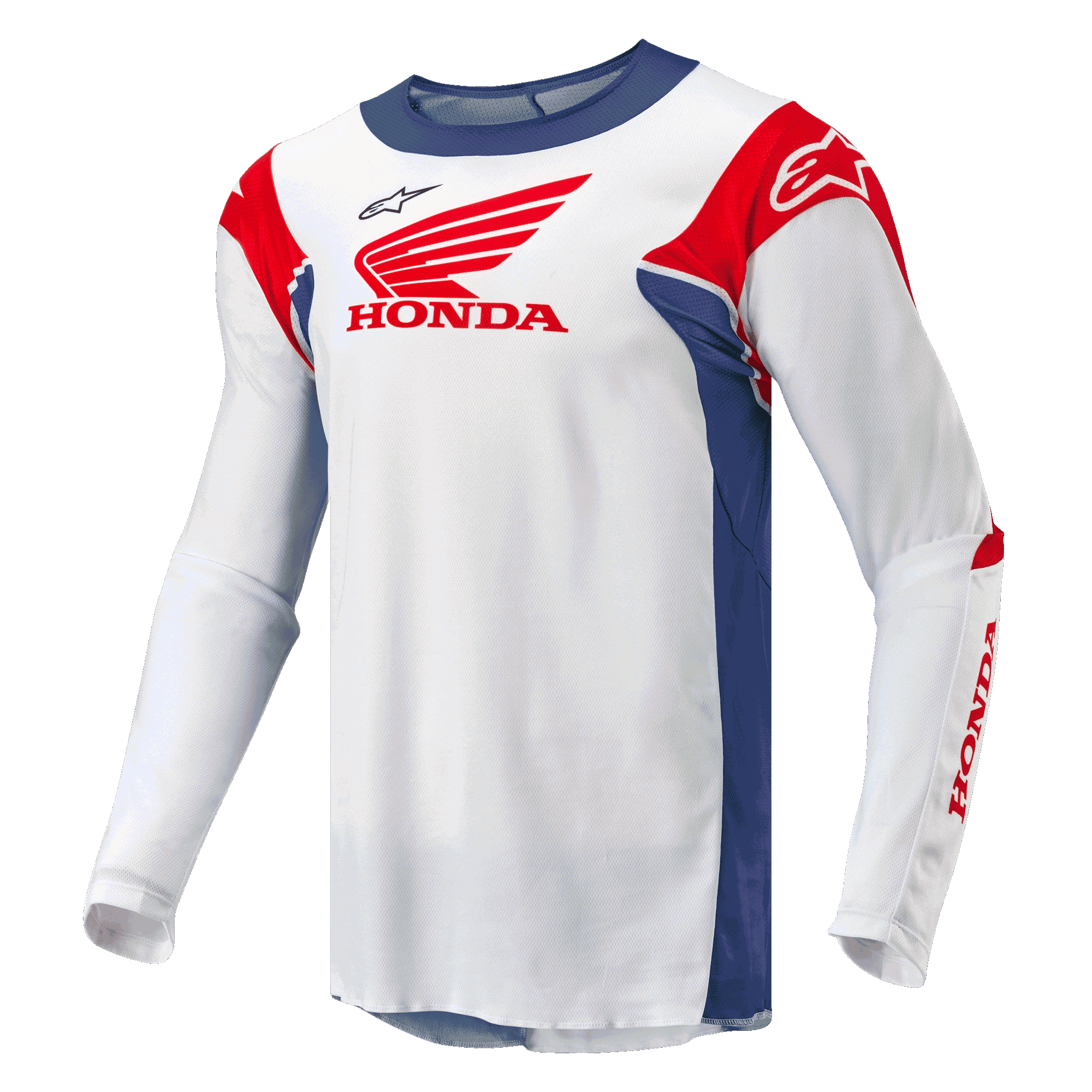 Honda Racer Iconic Tröja, motocross off-road tröja för herrar, vit med blå och röda detaljer, officiell Honda-branding och fukttransporterande syntetmaterial