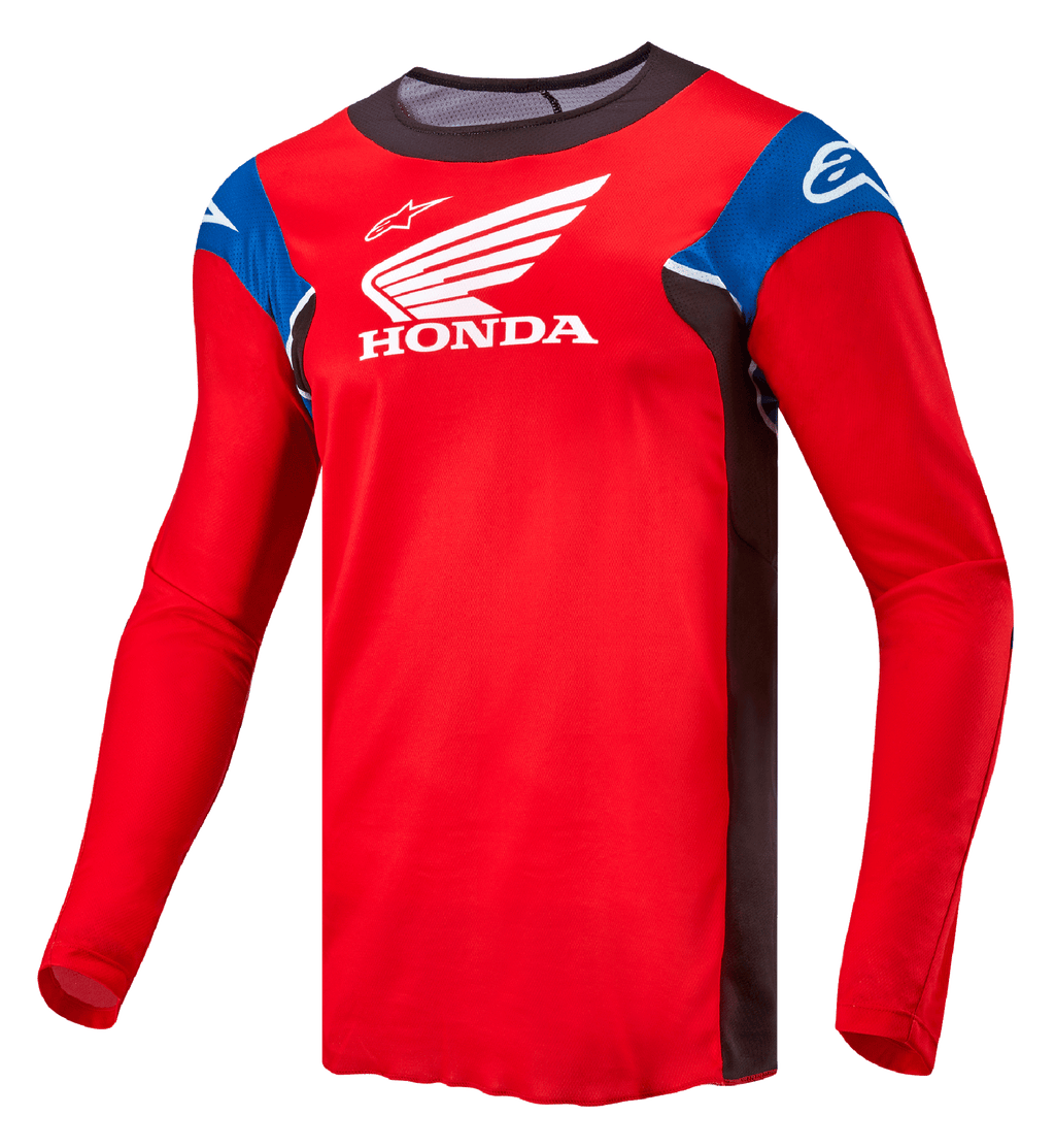 Alpinestars Honda Racer Iconic tröja, långärmad motocross-tröja för herrar, klarröd med svarta, blå och vita detaljer, Honda- och Alpinestars-logotyper