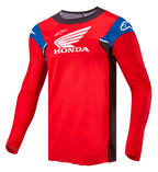 Alpinestars Honda Racer Iconic tröja, långärmad motocross-tröja för herrar, klarröd med svarta, blå och vita detaljer, Honda- och Alpinestars-logotyper