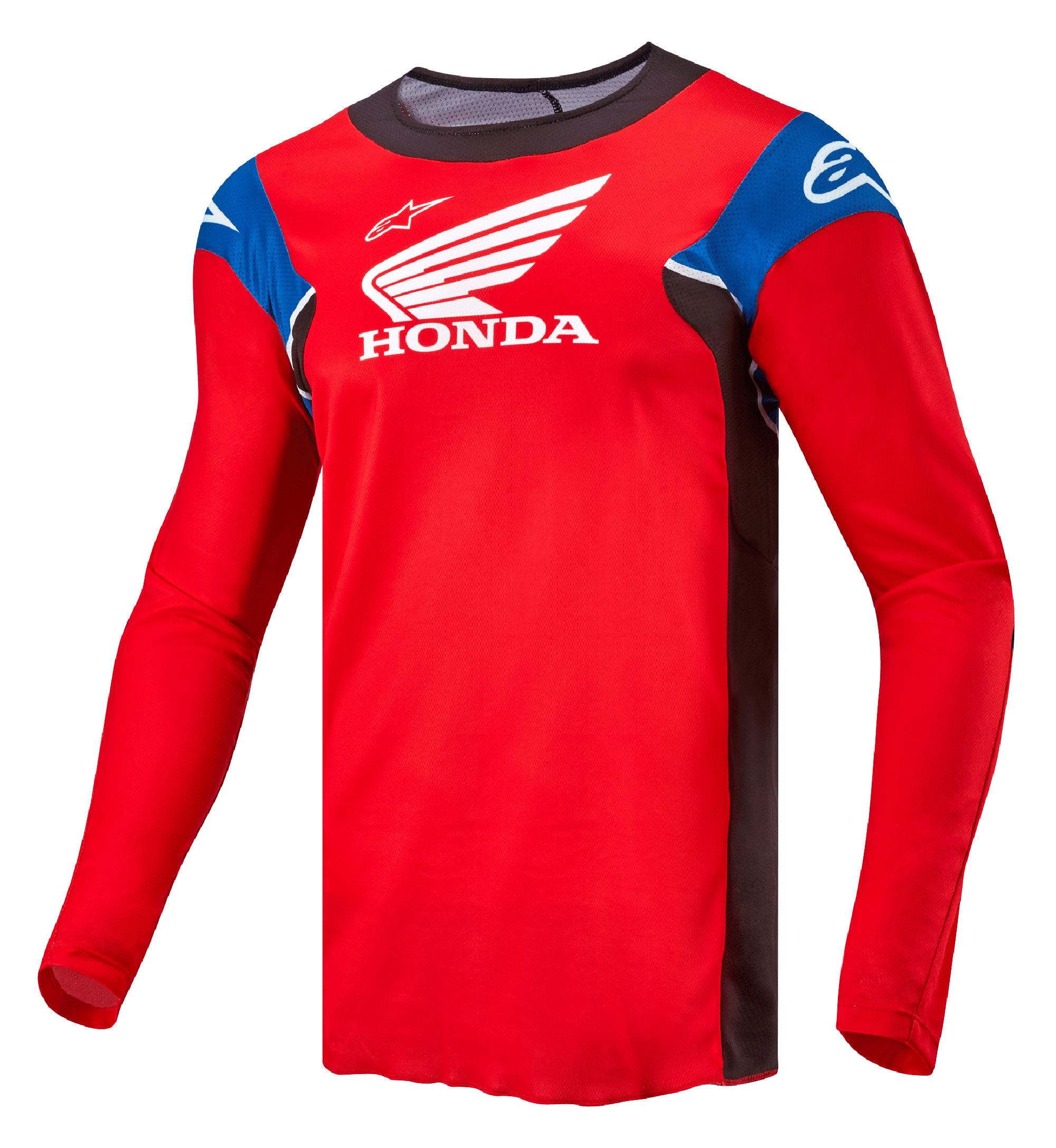 Alpinestars Honda Racer Iconic tröja, långärmad motocross-tröja för herrar, klarröd med svarta, blå och vita detaljer, Honda- och Alpinestars-logotyper