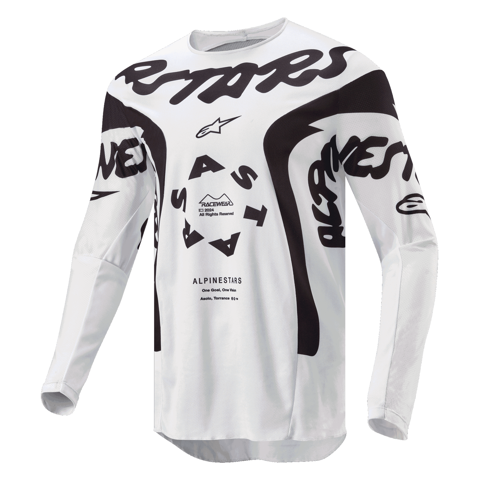 Alpinestars 2024 Racer Hana Jersey, Motocross Jersey, White and Black, featuring bold black Alpinestars branding across the chest, circular ASTARS logo, and technical mesh panels for off-road performance.