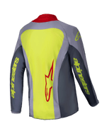 Alpinestars 2025 Youth Racer Melt Jersey, Motocross Jersey, Bright Red Gray, back view showing a large neon yellow panel with a red Alpinestars logo, gray sleeves with neon yellow branding, red collar, technical athletic fit for off-road racing