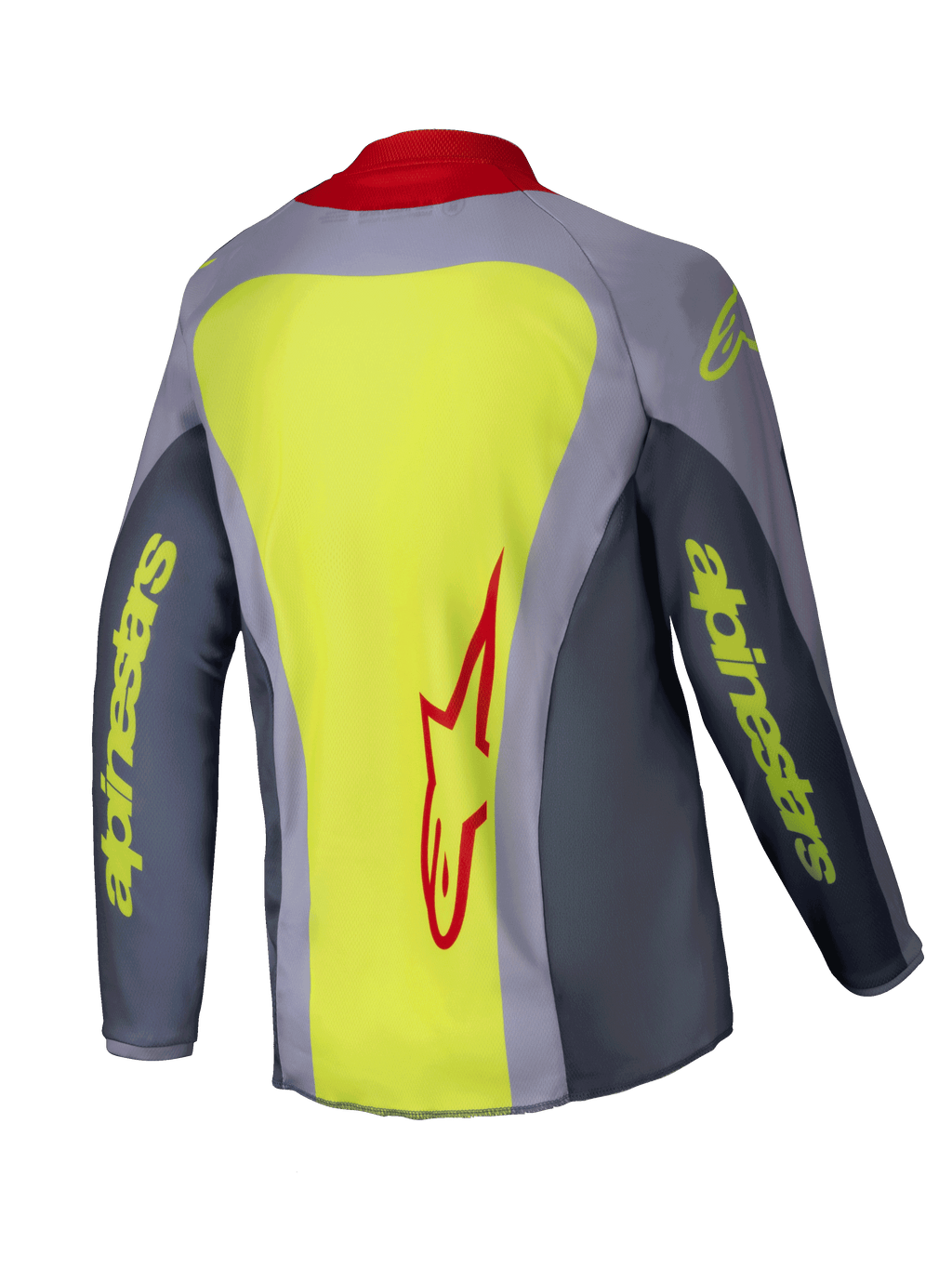 Alpinestars 2025 Youth Racer Melt Jersey, motocrosströja, ljusröd och grå med neongula detaljer, baksida som visar en stor neongul panel med en röd Alpinestars-logotyp, grå ärmar med gul text och en röd krage, lätt tekniskt plagg för terrängkörning