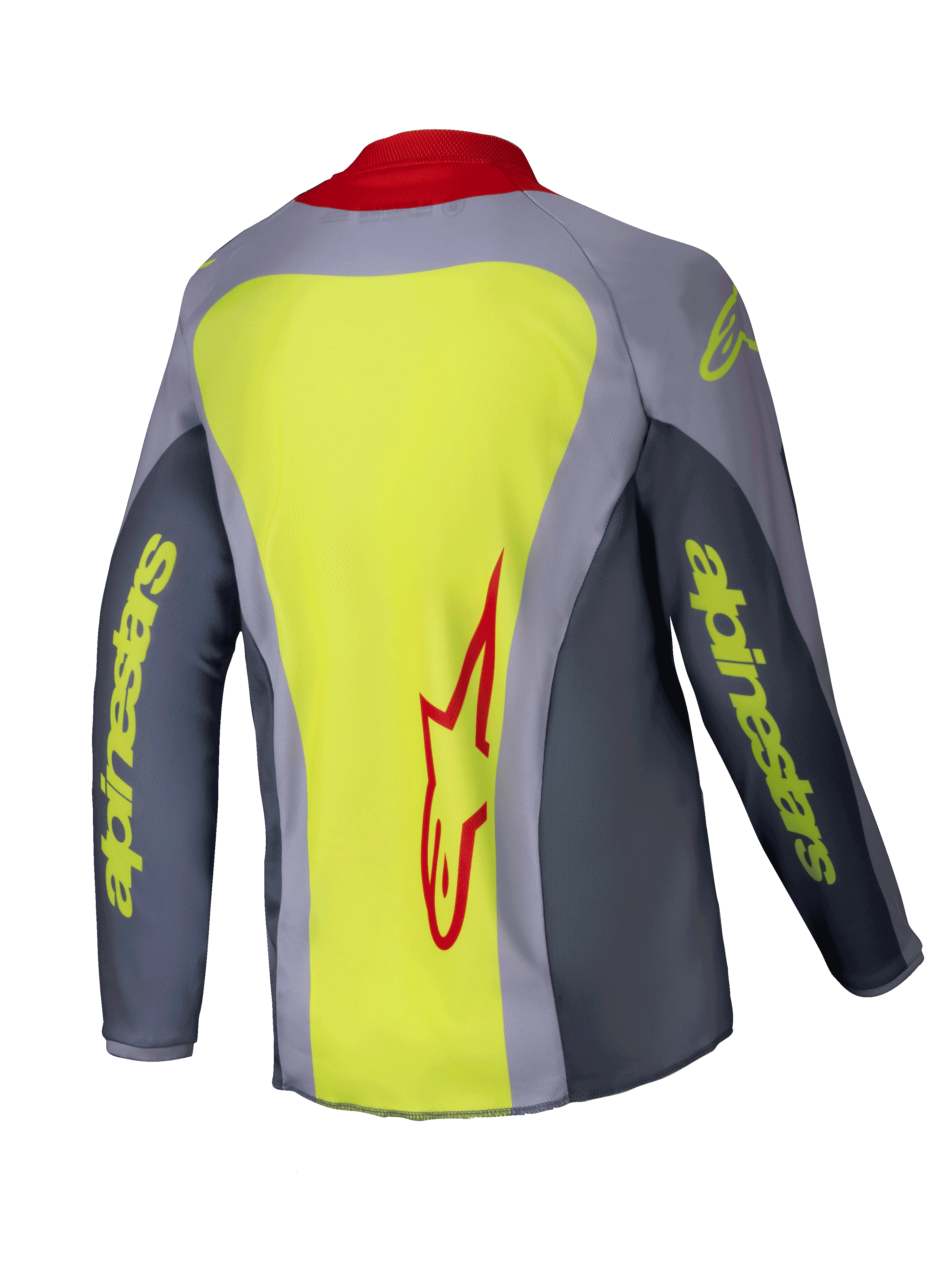Alpinestars 2025 Youth Racer Melt Jersey, motocrosströja, ljusröd och grå med neongula detaljer, baksida som visar en stor neongul panel med en röd Alpinestars-logotyp, grå ärmar med gul text och en röd krage, lätt tekniskt plagg för terrängkörning