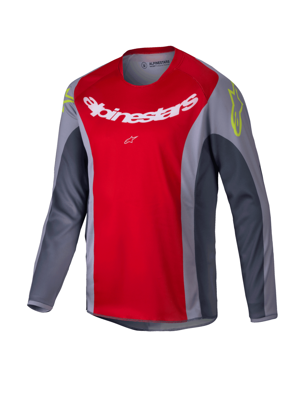 Alpinestars 2025 Youth Racer Melt tröja, motocross-tröja, klar röd och grå, med en stor vit logotyp på bröstet och neongula detaljer på axlarna, långärmat tekniskt material för terrängkörning