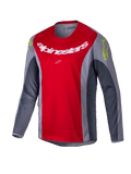 Alpinestars 2025 Youth Racer Melt tröja, motocross-tröja, klar röd och grå, med en stor vit logotyp på bröstet och neongula detaljer på axlarna, långärmat tekniskt material för terrängkörning