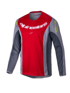 Alpinestars 2025 Youth Racer Melt tröja, motocross-tröja, klar röd och grå, med en stor vit logotyp på bröstet och neongula detaljer på axlarna, långärmat tekniskt material för terrängkörning