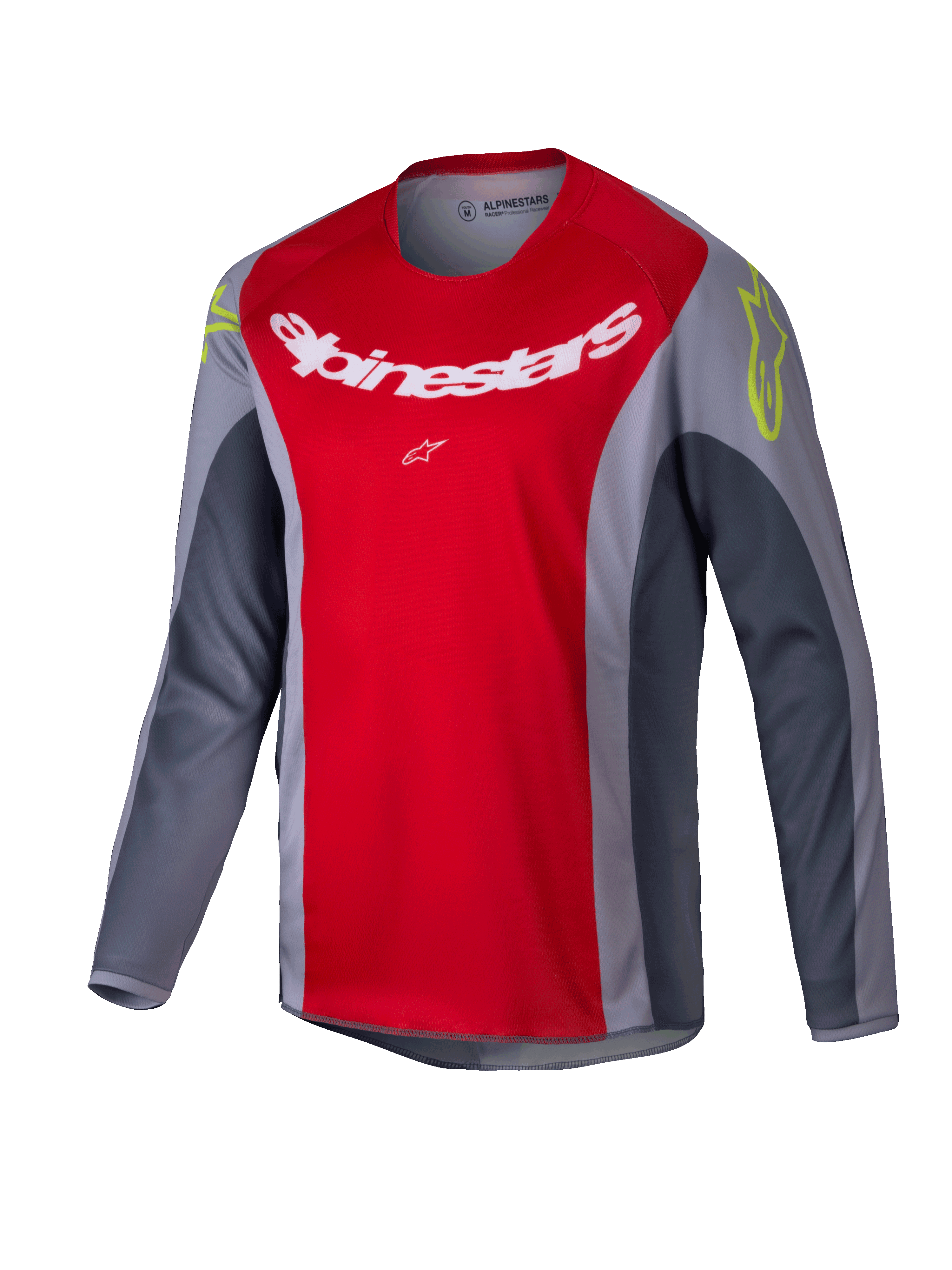 Alpinestars 2025 Youth Racer Melt tröja, motocross-tröja, klar röd och grå, med en stor vit logotyp på bröstet och neongula detaljer på axlarna, långärmat tekniskt material för terrängkörning