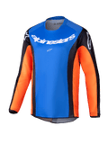 Alpinestars 2025 Youth Racer Melt Jersey, Motocross Long-Sleeve Jersey, bright blue chest with orange sleeves and black side panels, white Alpinestars branding on chest and shoulders, lightweight moisture-wicking fabric for youth off-road riding
