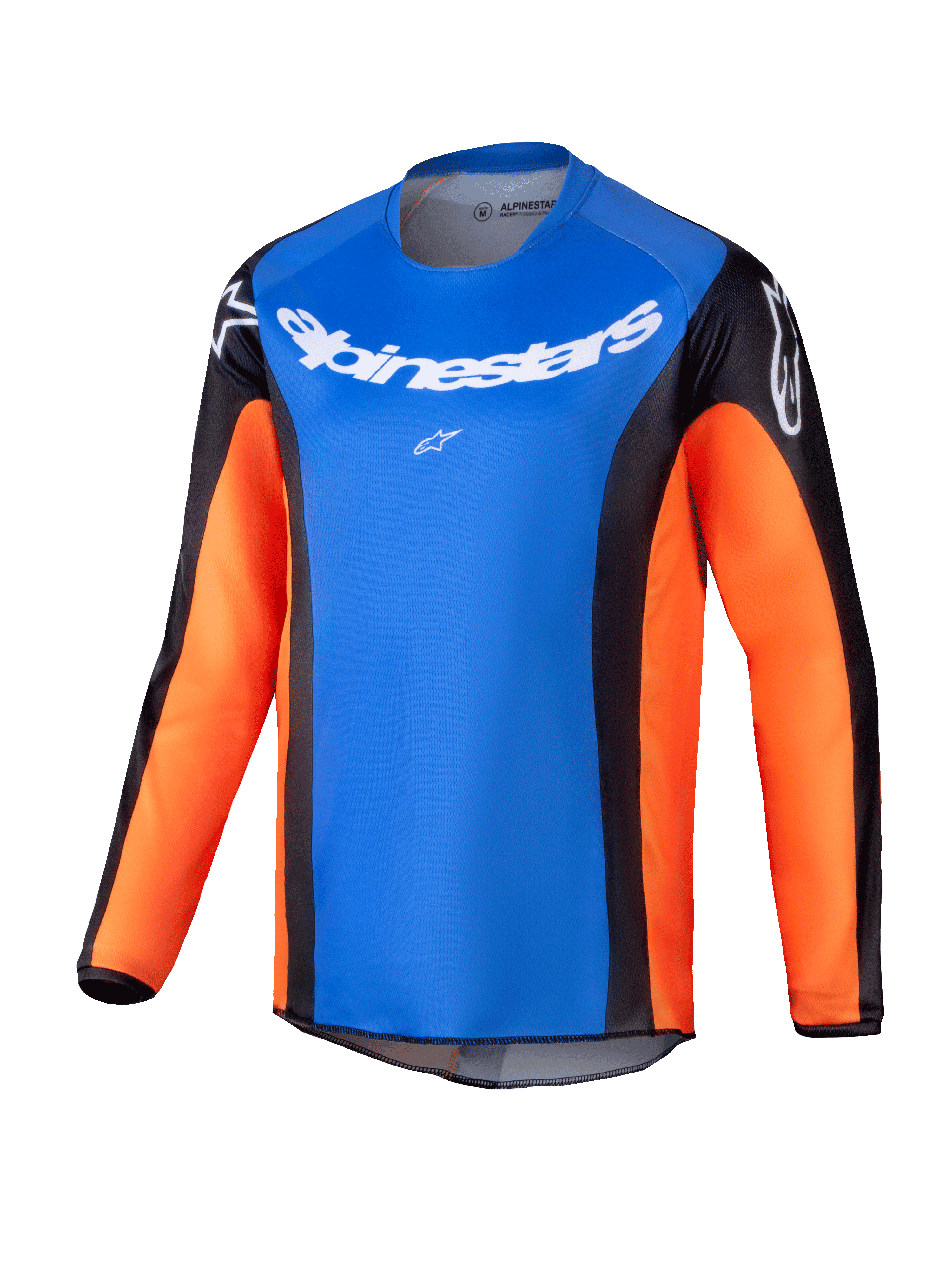 Alpinestars 2025 Youth Racer Melt Jersey, Motocross Long-Sleeve Jersey, bright blue chest with orange sleeves and black side panels, white Alpinestars branding on chest and shoulders, lightweight moisture-wicking fabric for youth off-road riding