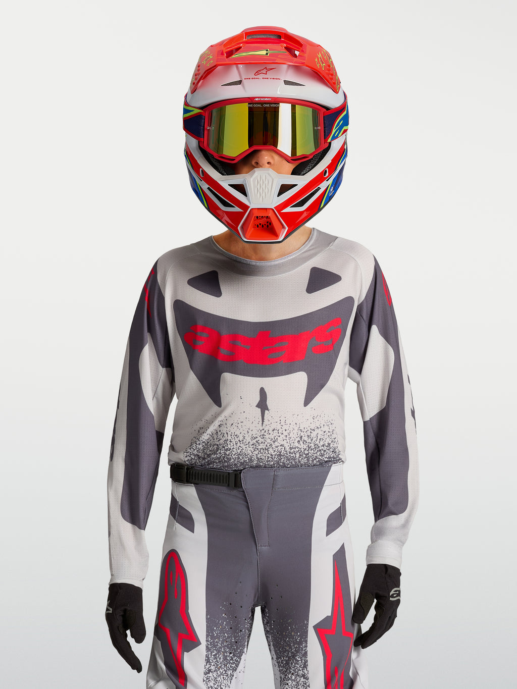 Alpinestars Ungdom Supertech Swan tröja och Gear Set, motocrossutrustning för terrängkörning, grå och röd fluo, i andningsbar stretchmesh, atletisk tävlingspassform