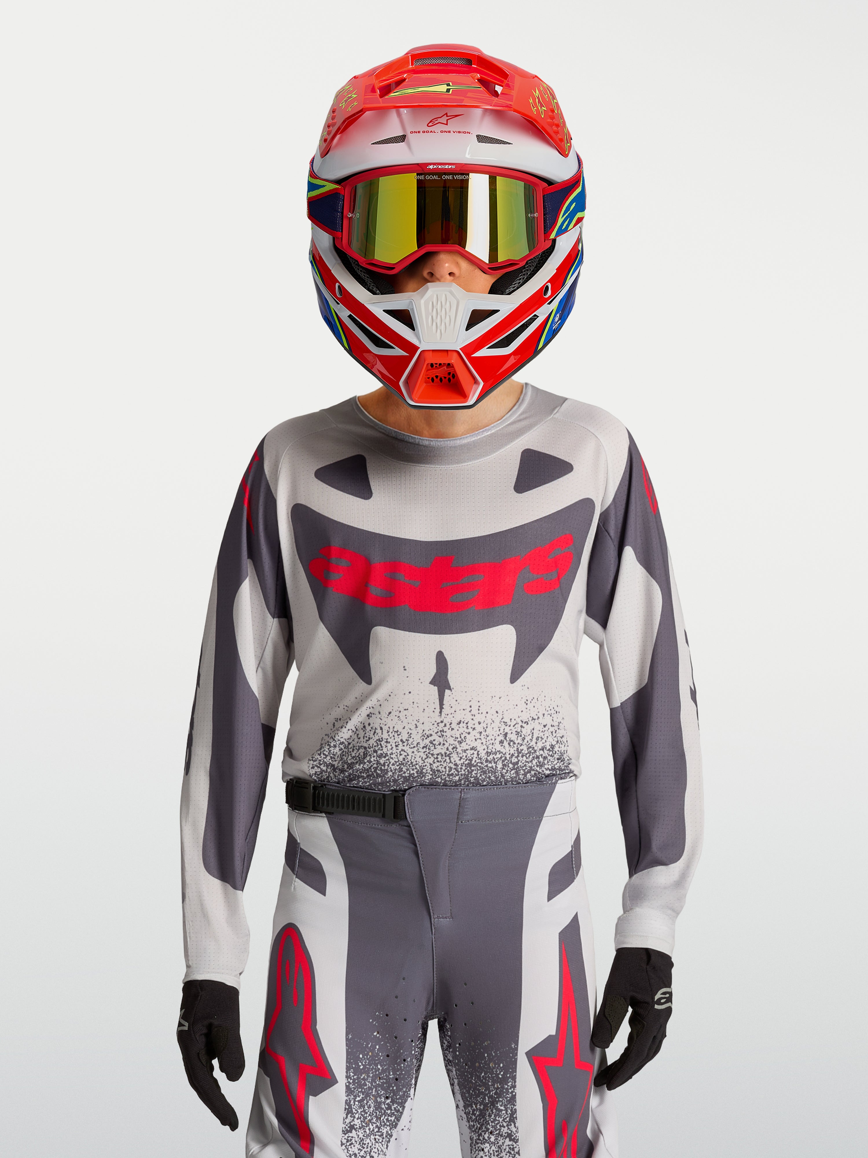 Alpinestars Ungdom Supertech Swan tröja och Gear Set, motocrossutrustning för terrängkörning, grå och röd fluo, i andningsbar stretchmesh, atletisk tävlingspassform