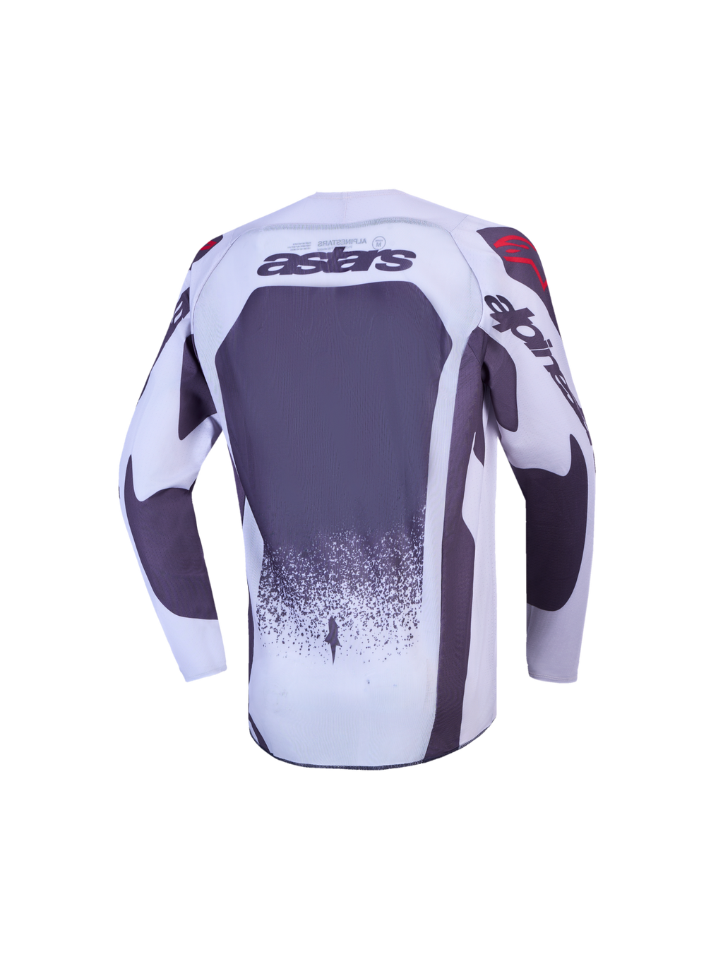 Alpinestars ungdom Supertech Swan tröja, grå och vit motocrosströja sedd bakifrån med Astars-logotyp och meshtyg.
