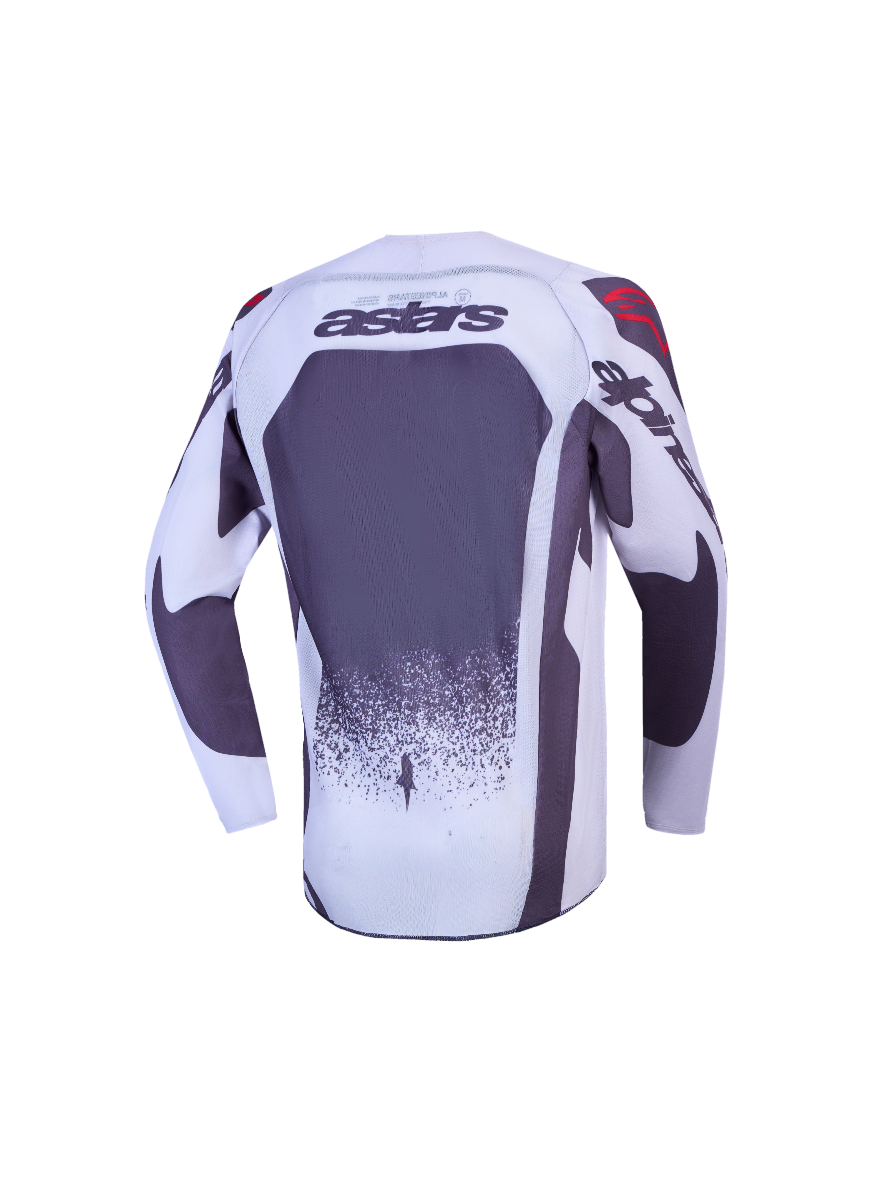 Alpinestars ungdom Supertech Swan tröja, grå och vit motocrosströja sedd bakifrån med Astars-logotyp och meshtyg.