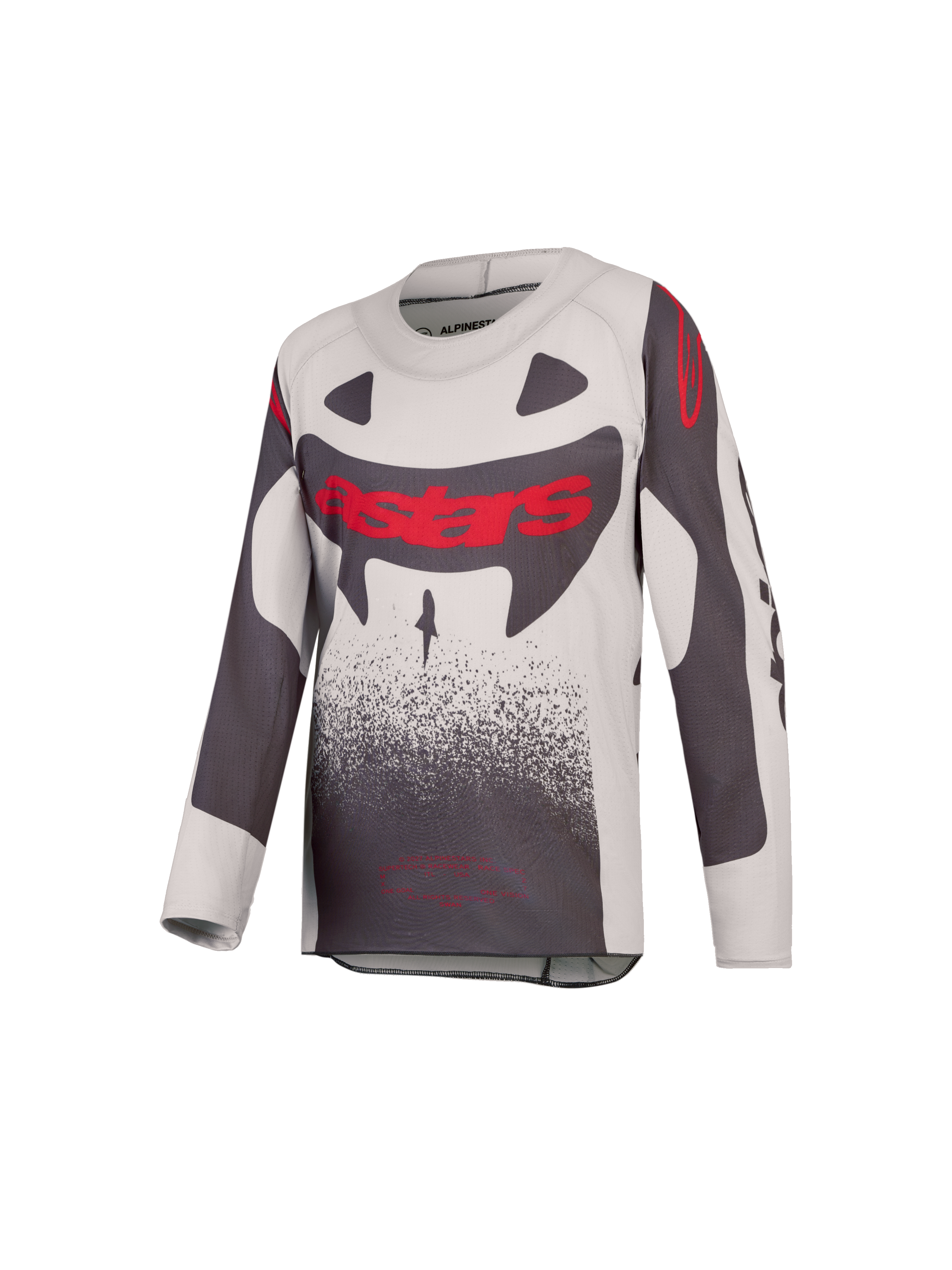 Alpinestars 2027 ungdom Supertech Swan tröja, grå och röd motocrosströja i ventilerande stretchmesh för racing.