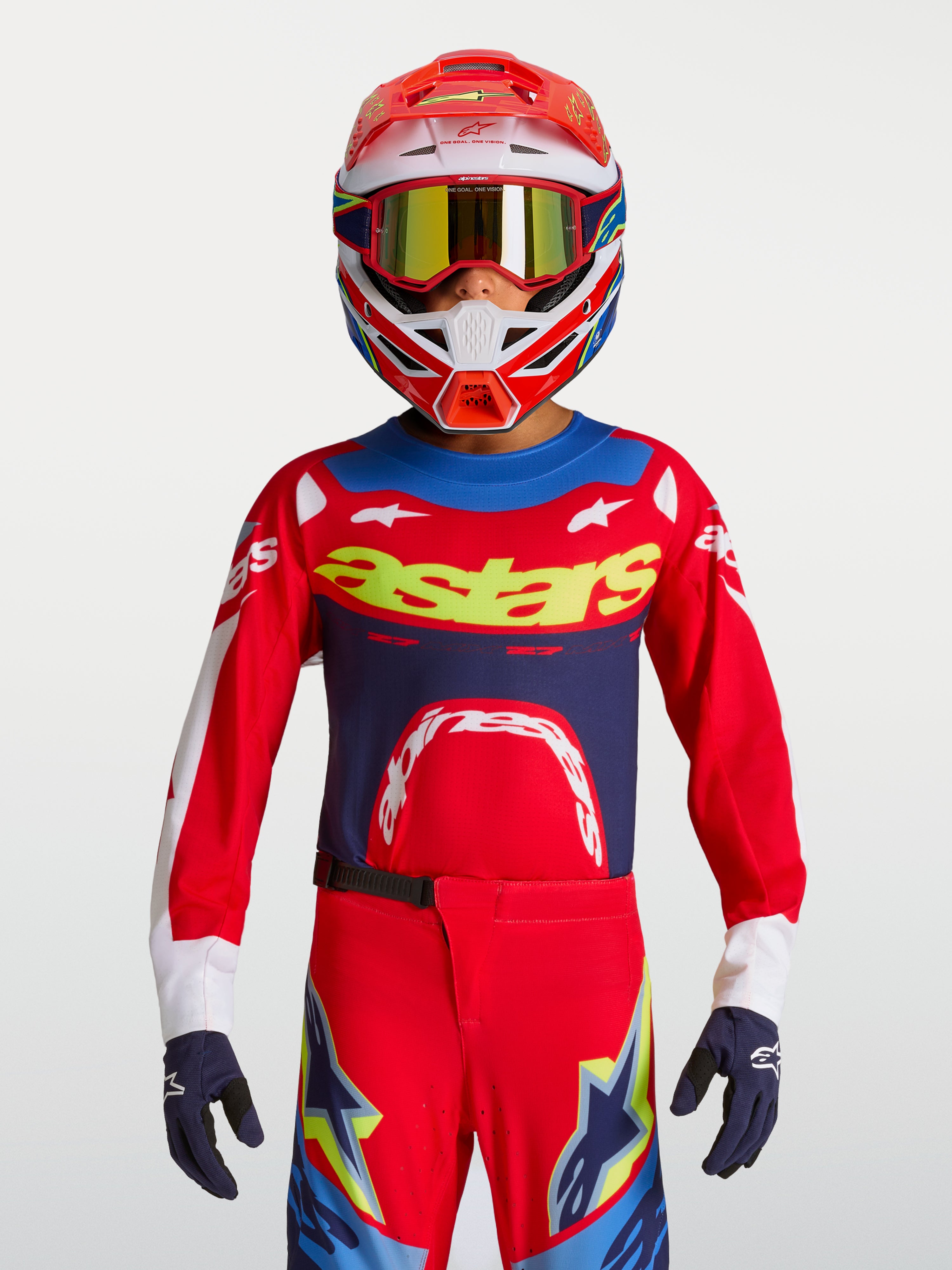 Alpinestars 2027 ungdom Supertech Dyna tröja, röd och marinblå motocrosströja i andningsbar stretchmesh.