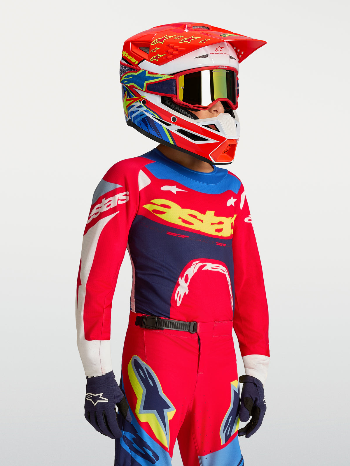 Alpinestars 2027 Ungdom Supertech Dyna tröja, röd och marinblå motocrosströja för ungdomar, lättviktig stretchmesh, atletisk passform för racing och terrängkörning