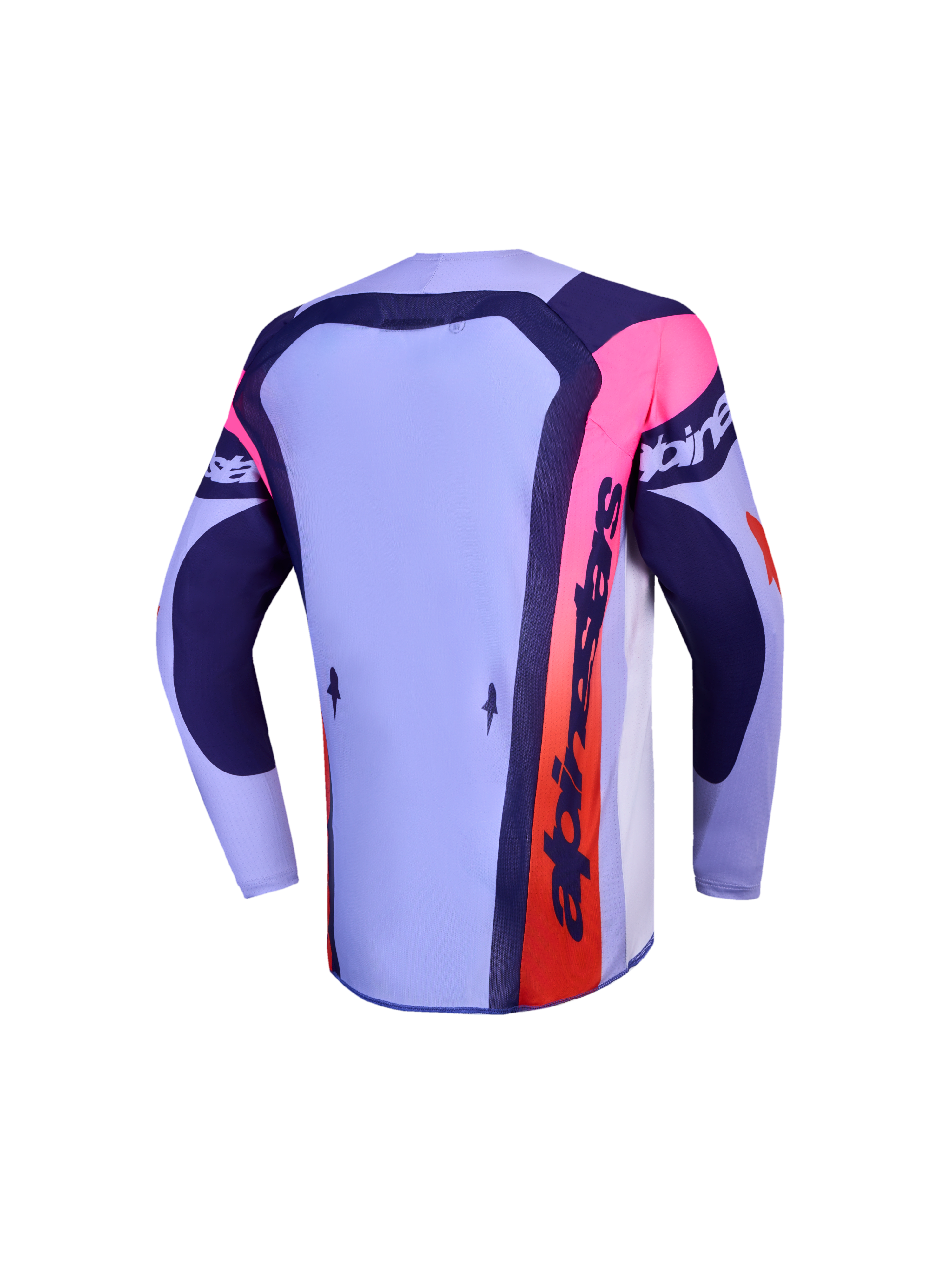 Alpinestars Supertech Dyna ungdomströja, ljuslila och mörkblå motocrosströja med rosa detaljer, vy bakifrån.