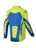 Alpinestars 2025 Youth Racer Veil tröja, motocrosströja, neon gul och blå, baksida med framträdande blå paneler och astars-logotyper på ärmarna, förlängt ryggparti för extra täckning, lätt fukttransporterande material för terrängkörning
