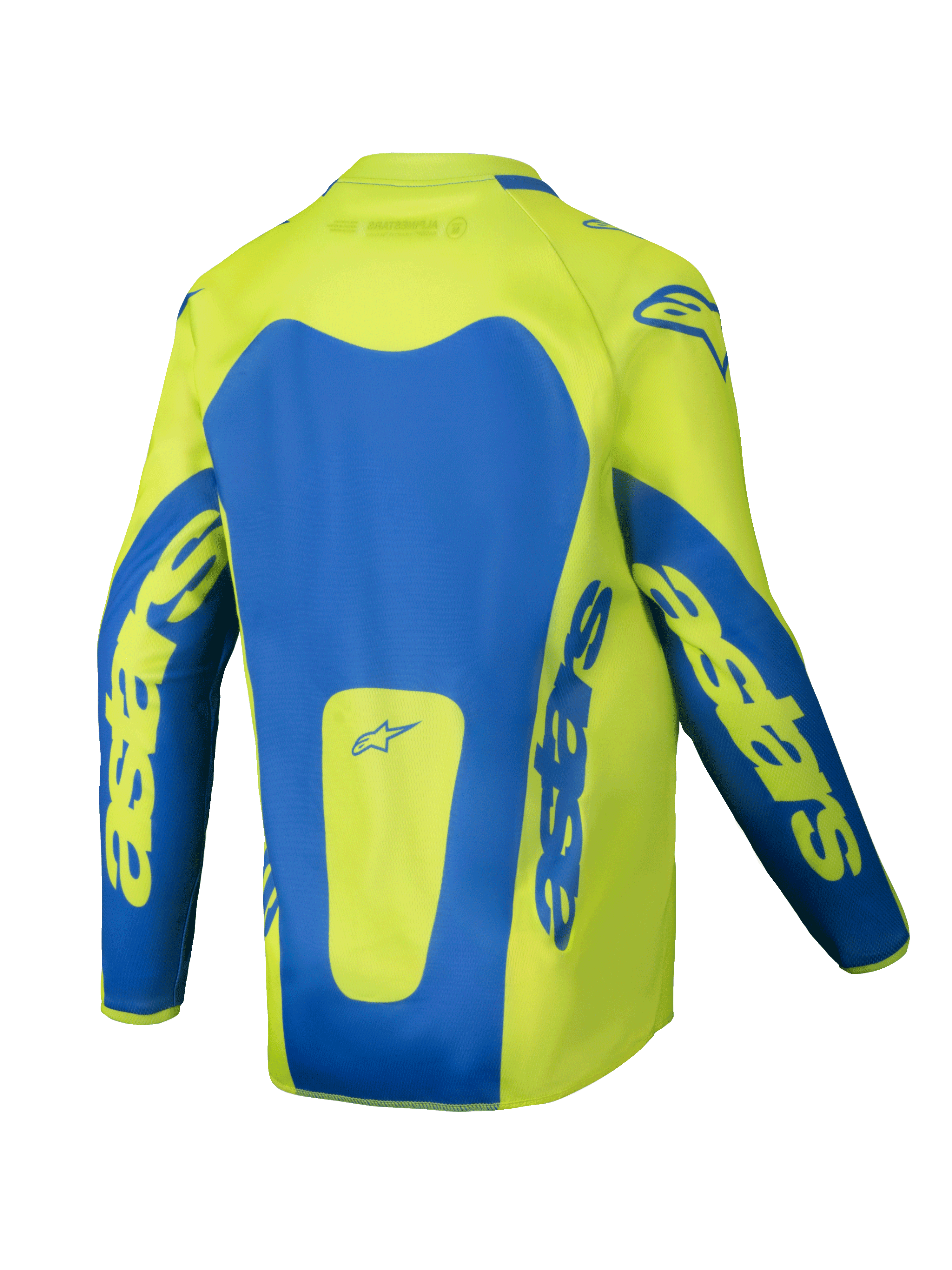 Alpinestars 2025 Youth Racer Veil tröja, motocrosströja, neon gul och blå, baksida med framträdande blå paneler och astars-logotyper på ärmarna, förlängt ryggparti för extra täckning, lätt fukttransporterande material för terrängkörning