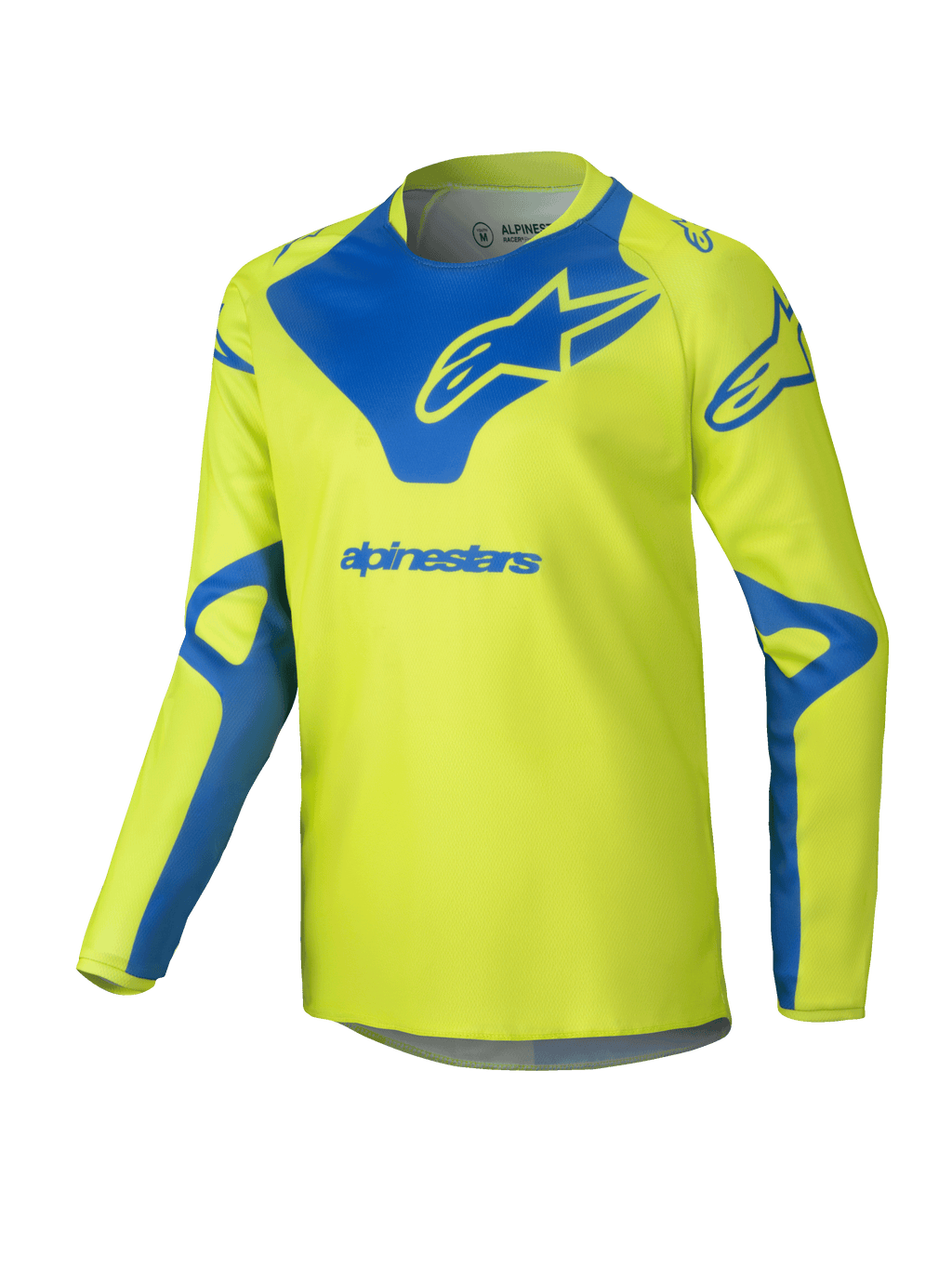 Alpinestars 2025 Youth Racer Veil tröja, motocrosströja, neongul och blå, långärmad teknisk tröja, blå Alpinestars-logotyp på bröst och axlar, lätt fukttransporterande material för terrängkörning