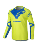 Alpinestars 2025 Youth Racer Veil tröja, motocrosströja, neongul och blå, långärmad teknisk tröja, blå Alpinestars-logotyp på bröst och axlar, lätt fukttransporterande material för terrängkörning