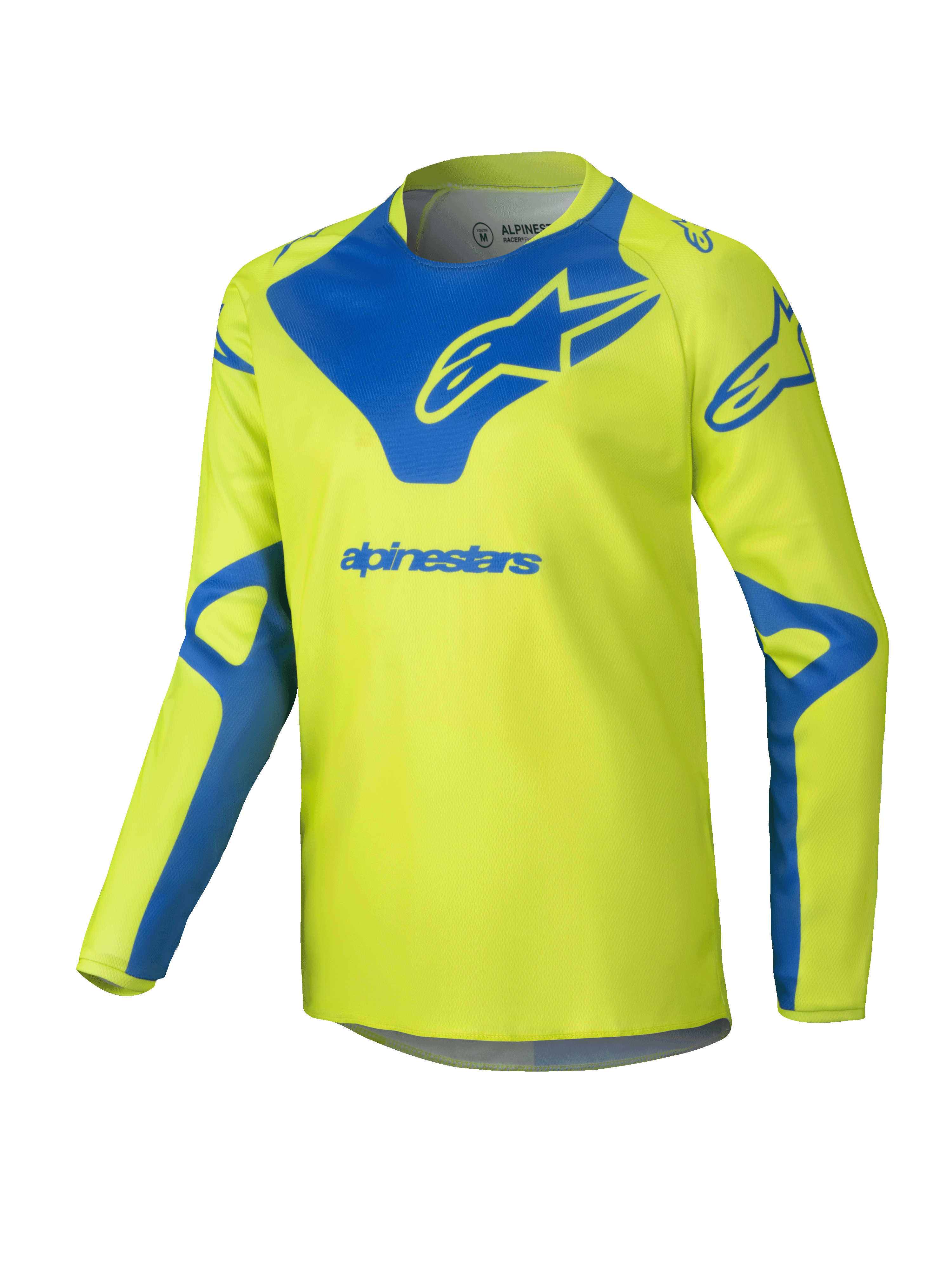 Alpinestars 2025 Youth Racer Veil tröja, motocrosströja, neongul och blå, långärmad teknisk tröja, blå Alpinestars-logotyp på bröst och axlar, lätt fukttransporterande material för terrängkörning