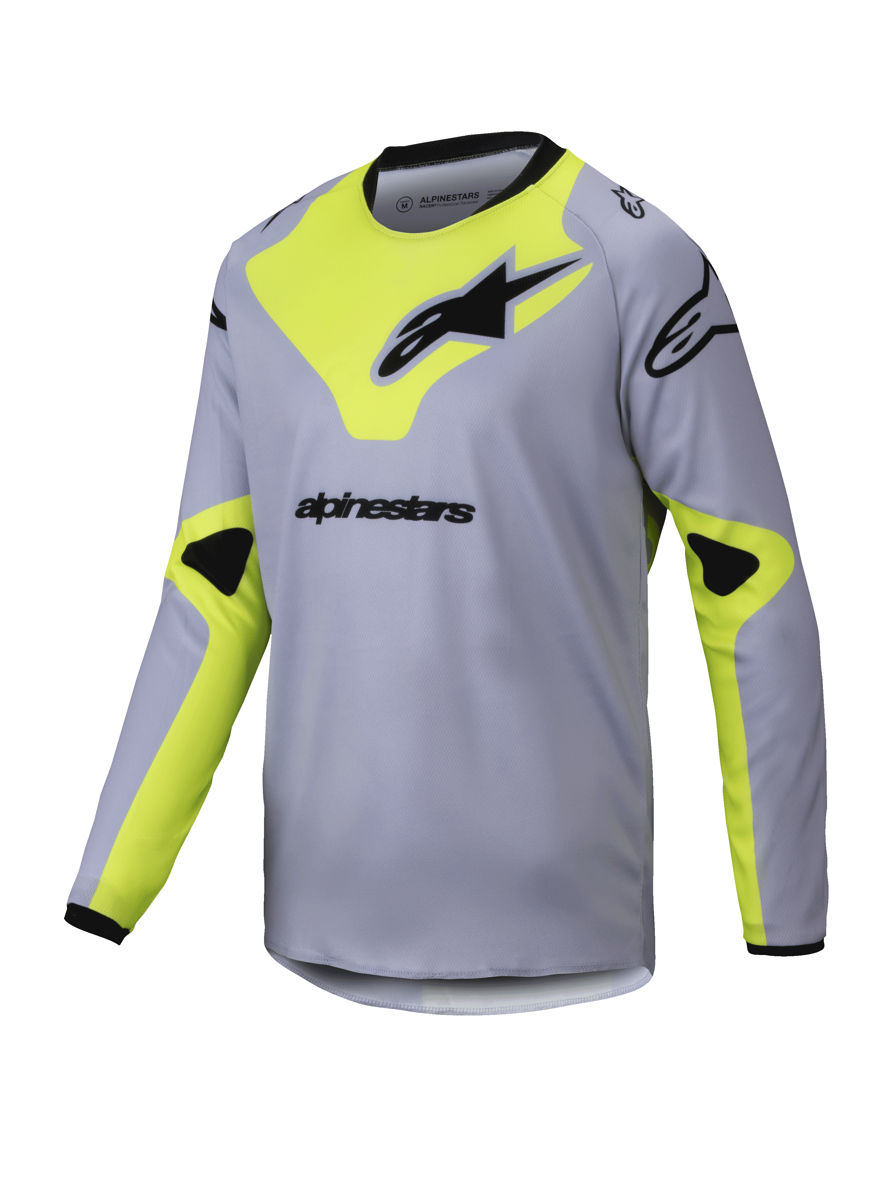 Alpinestars 2025 Youth Racer Veil tröja, långärmad motocrosströja, grå och gul fluo, svarta logotyper, lätt material som andas, svart krage och ärmslut, geometrisk design