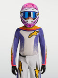 Alpinestars 2027 Ungdom Fluid Drag-tröja, blå och vit motocrosströja med gula detaljer i andningsbart material.