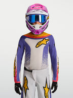 Alpinestars 2027 Ungdom Fluid Drag-tröja, blå och vit motocrosströja med gula detaljer i andningsbart material.
