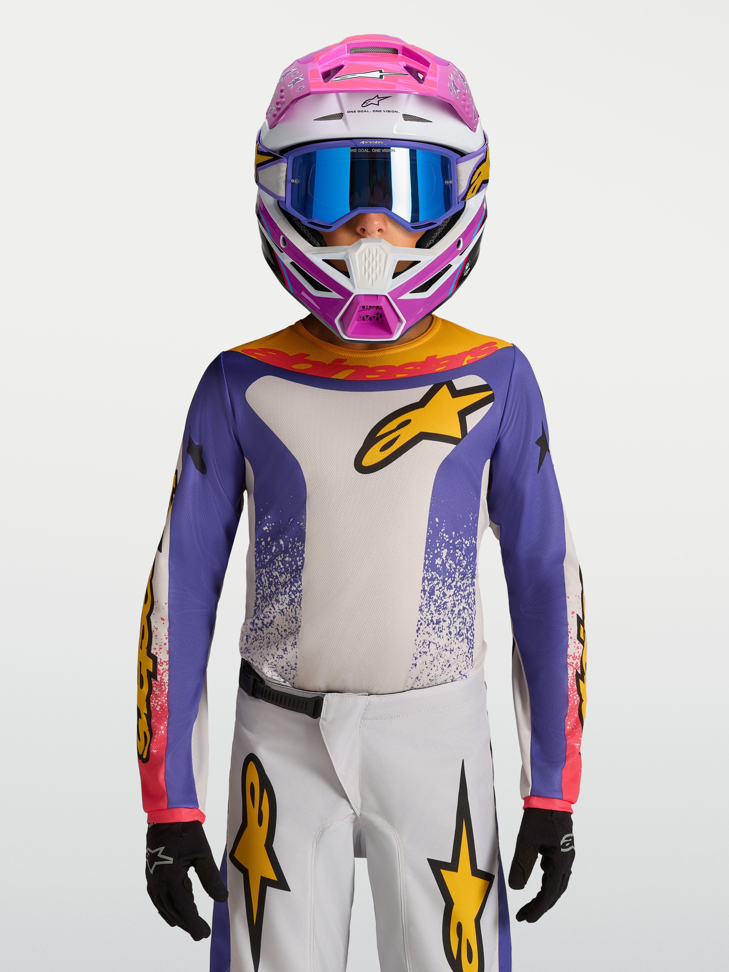Alpinestars 2027 Youth Fluid Drag Jersey, youth motocross jersey in blue and white with gold accents, breathable textile for off-road riding.
