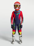 Alpinestars 2027 Fluid Drag utrustningsset för ungdom, motocrossutrustning i marinblått och eldrött, prestanda-polytyg, vita stövlar och matchande hjälm