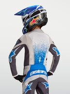 Alpinestars ungdom Fluid Drag tröja, grå och blå motocrosströja för barn, fuktavledande tekniskt material.