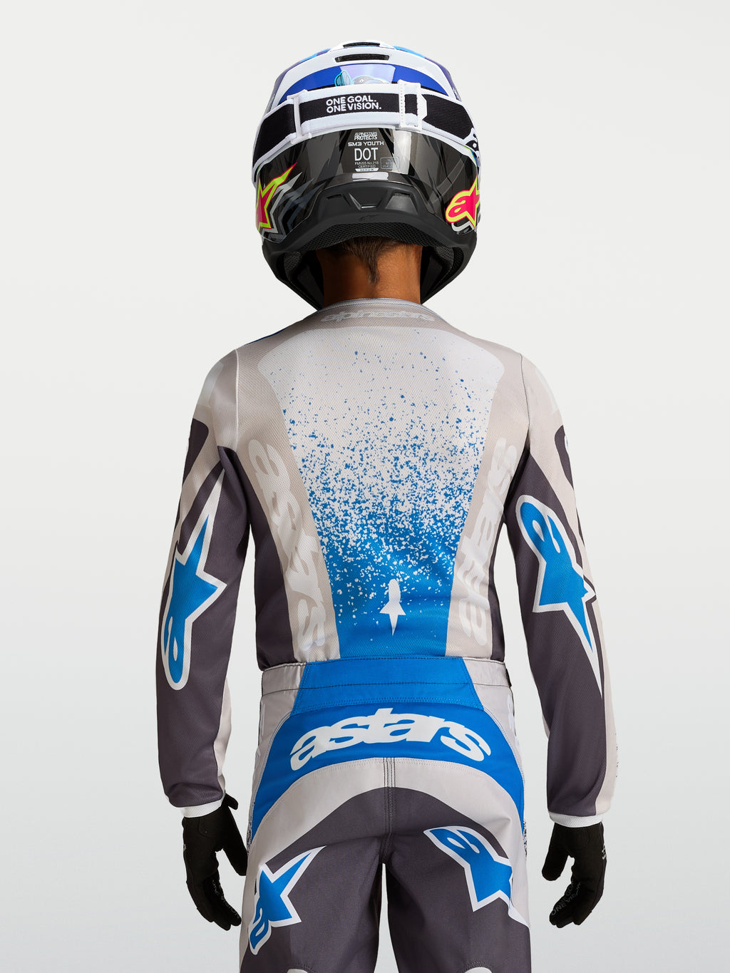 Alpinestars 2027 ungdom Fluid Drag tröja, grå och blå motocrosströja i andningsbart polytyg, vy bakifrån.